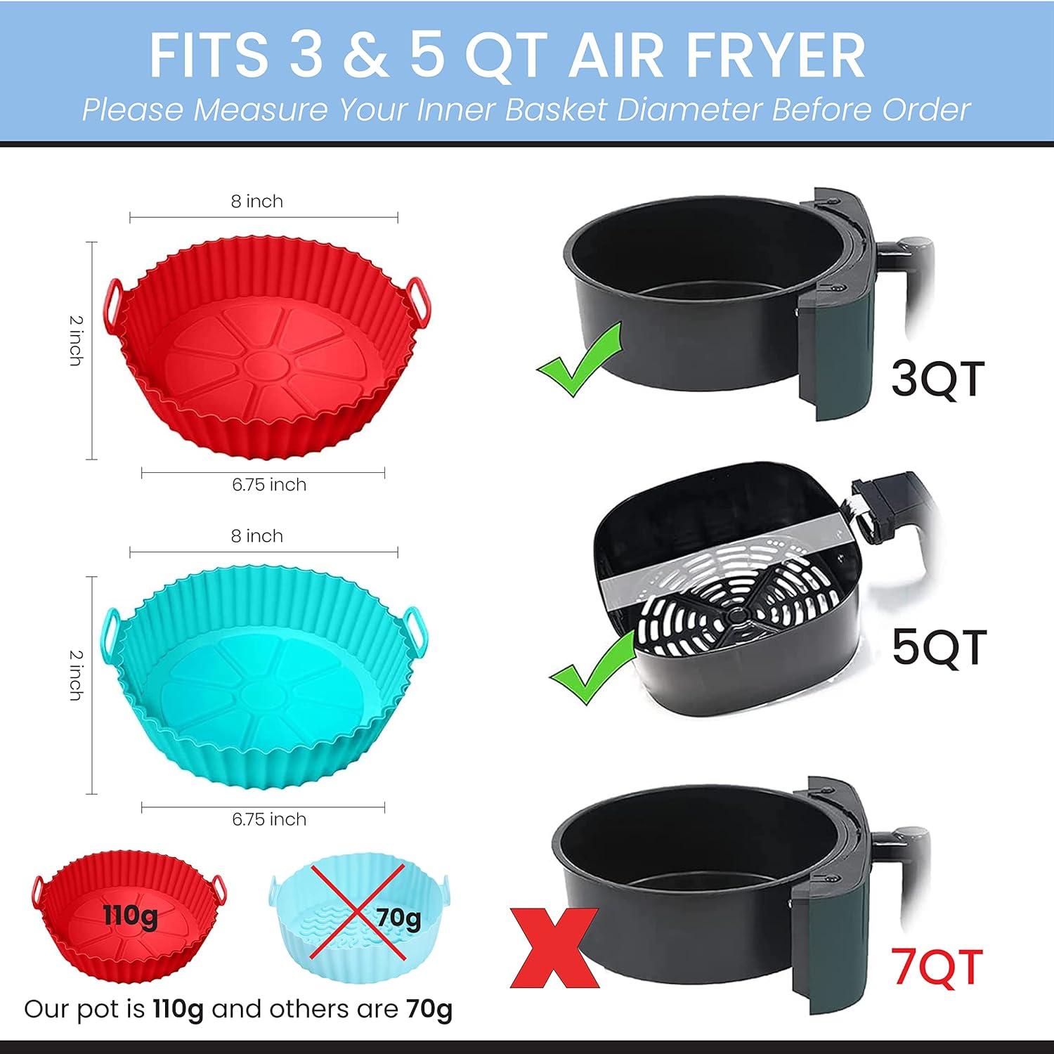 RUseeN Air Fryer Silicone Liners Pot 2 Pack, Reusable Silicone Bowl Basket Fit for 3 to 5QT Air Fryer, Replacement of Flammable Parchment Paper, Baking Tray Oven Accessories (Top 8in, Bottom 6.8in)