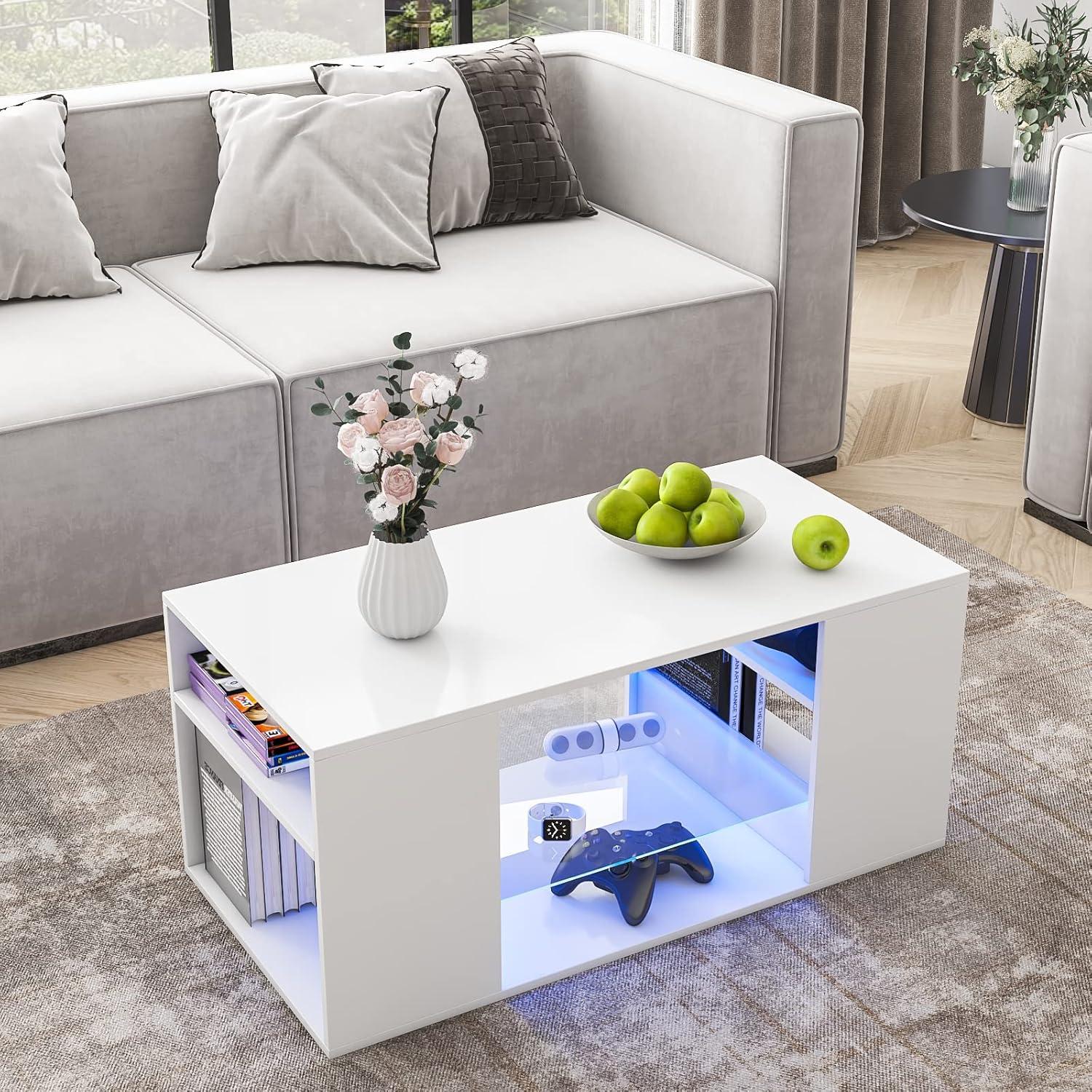 Hommpa White Coffee Table LED Coffee Table with Storage Modern Living Room Table Glass Open Shelves Rectangle Cocktail Center Tables High Gloss