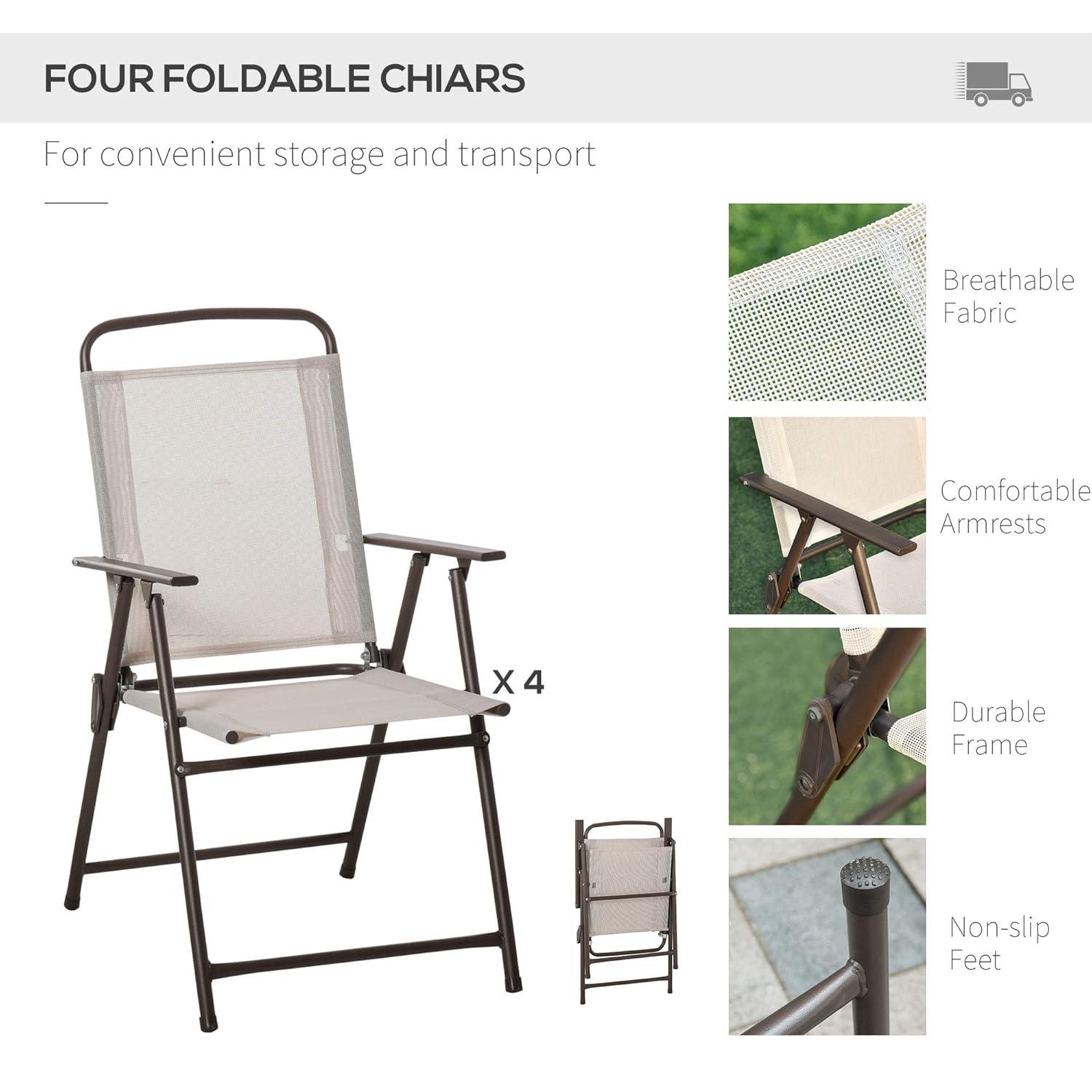 Outsunny 6 Piece Patio Dining Set for 4 with Umbrella, 4 Folding Dining Chairs & Round Glass Table for Garden, Backyard, and Poolside, Beige
