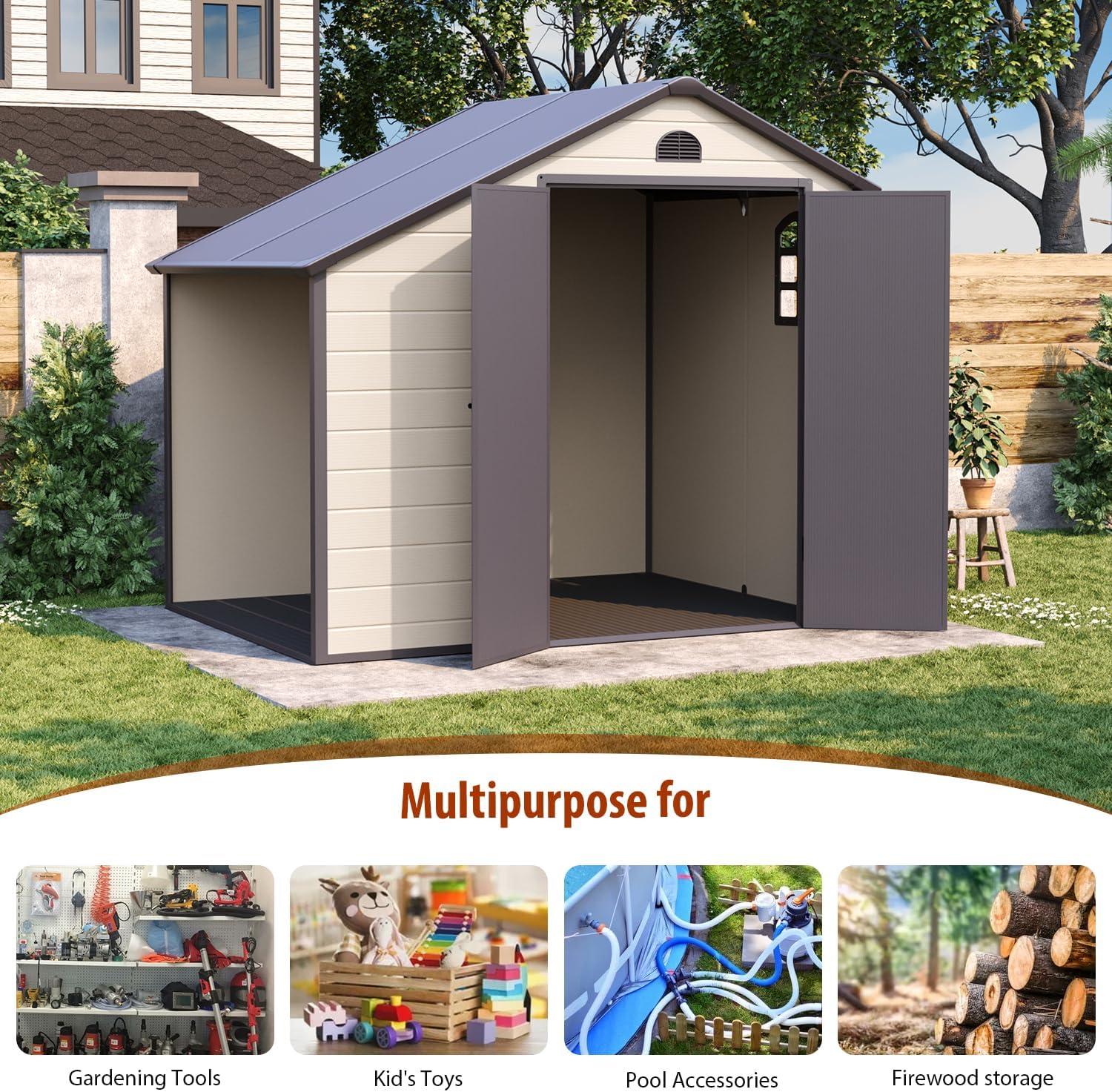 Outdoor Storage Shed 8.5x6.3 ft, Resin Storage Shed & Firewood Rack, Patio Storage Sheds Outdoor with Floor, Lockable Door, Airflow Vent, Multi-Purpose Storage Shed Room for Backyard, Garden, Lawn