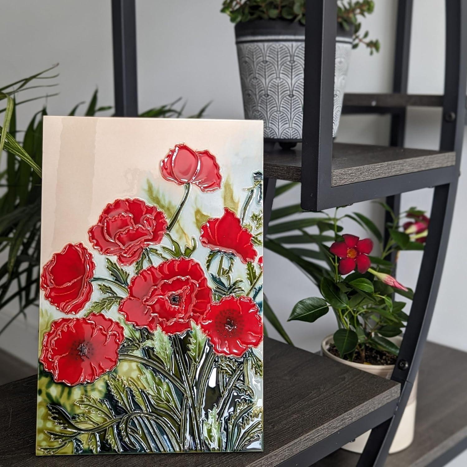 Benaya - Handcrafted Ceramic Art – Classic Poppies – 8" x 12" Tile - Home Decor