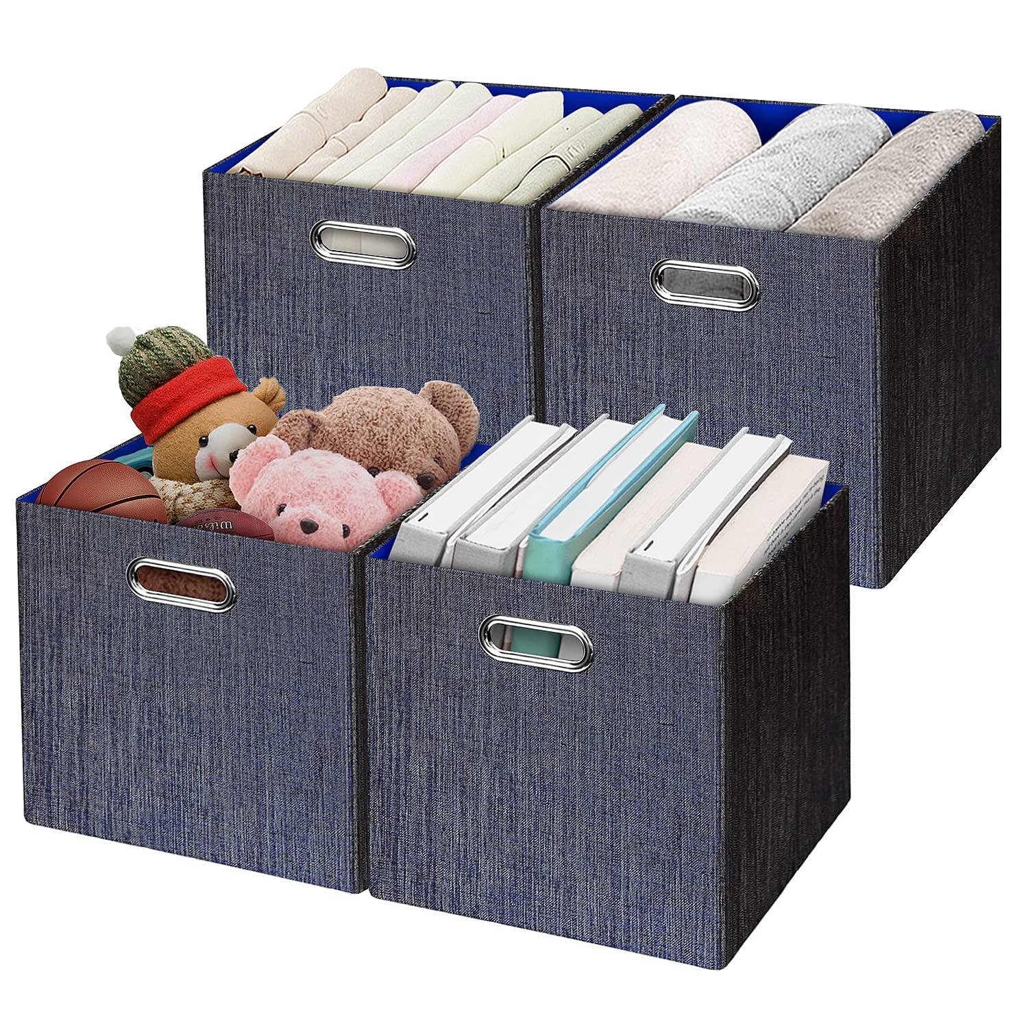Storage Cube Basket Bins,13×13 Foldable Storage Containers for Shelf Cabinet Bookcase Boxes,Thick and Heavy Duty Fabric Drawer (4pcs, blue)