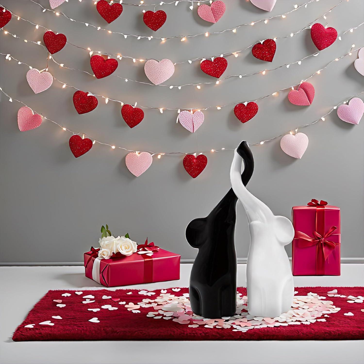 Loving Pair of Elephants in Black and White - Modern Ceramic Sculpture as a Set - Decoration Figure 10.2" high Ornament - Elephant Figurine