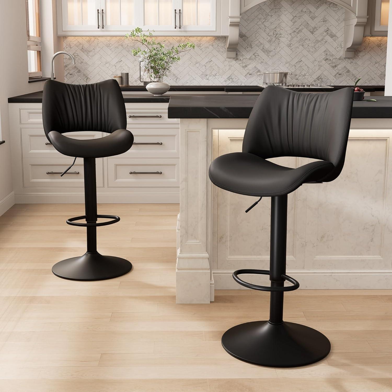 Khaki Adjustable Swivel Faux Leather Bar Stools with Metal Base