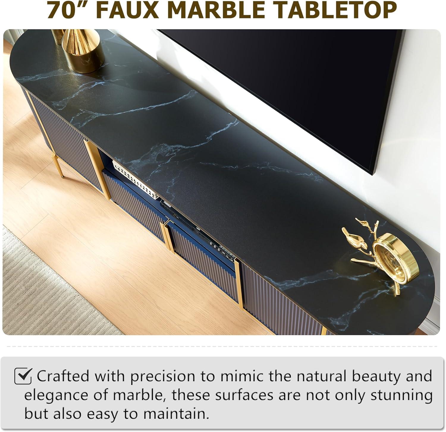 SinCiDo 70" Luxury TV Stand w/Faux Marble Top, Modern TV Console for TVs Up to 80 inches, Navy Blue