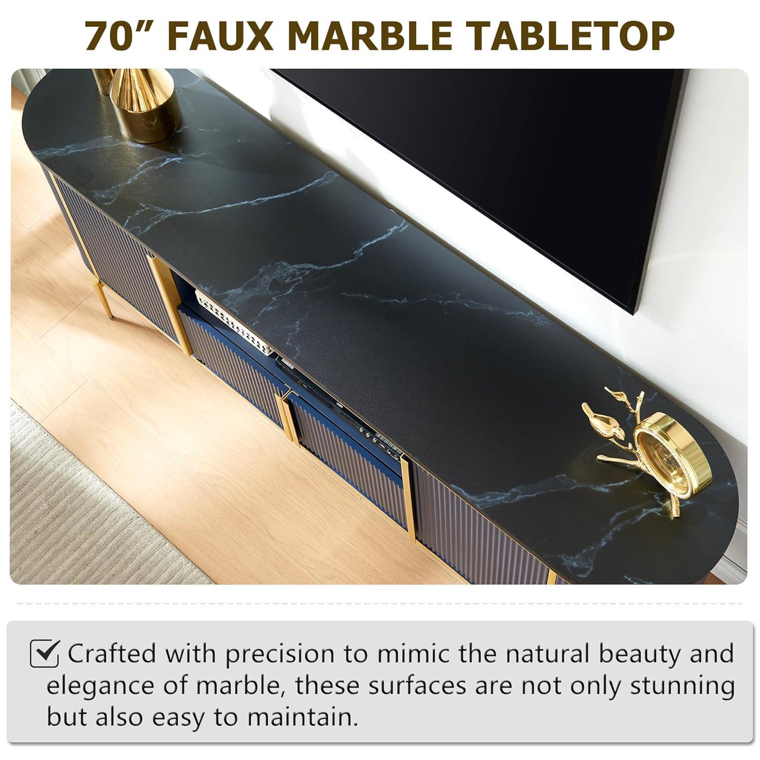 SinCiDo 70" Luxury TV Stand w/Faux Marble Top, Modern TV Console for TVs Up to 80 inches, Navy Blue