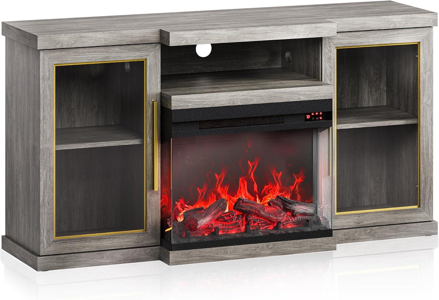 BELLEZE 57" TV Stand with 23" Electric Fireplace, Entertainment Center for TVs Up to 65", Glass Door Storage Cabinet with 3-Side Glass Display Fireplace for Living Room, Bedroom - Bardot (Grey)