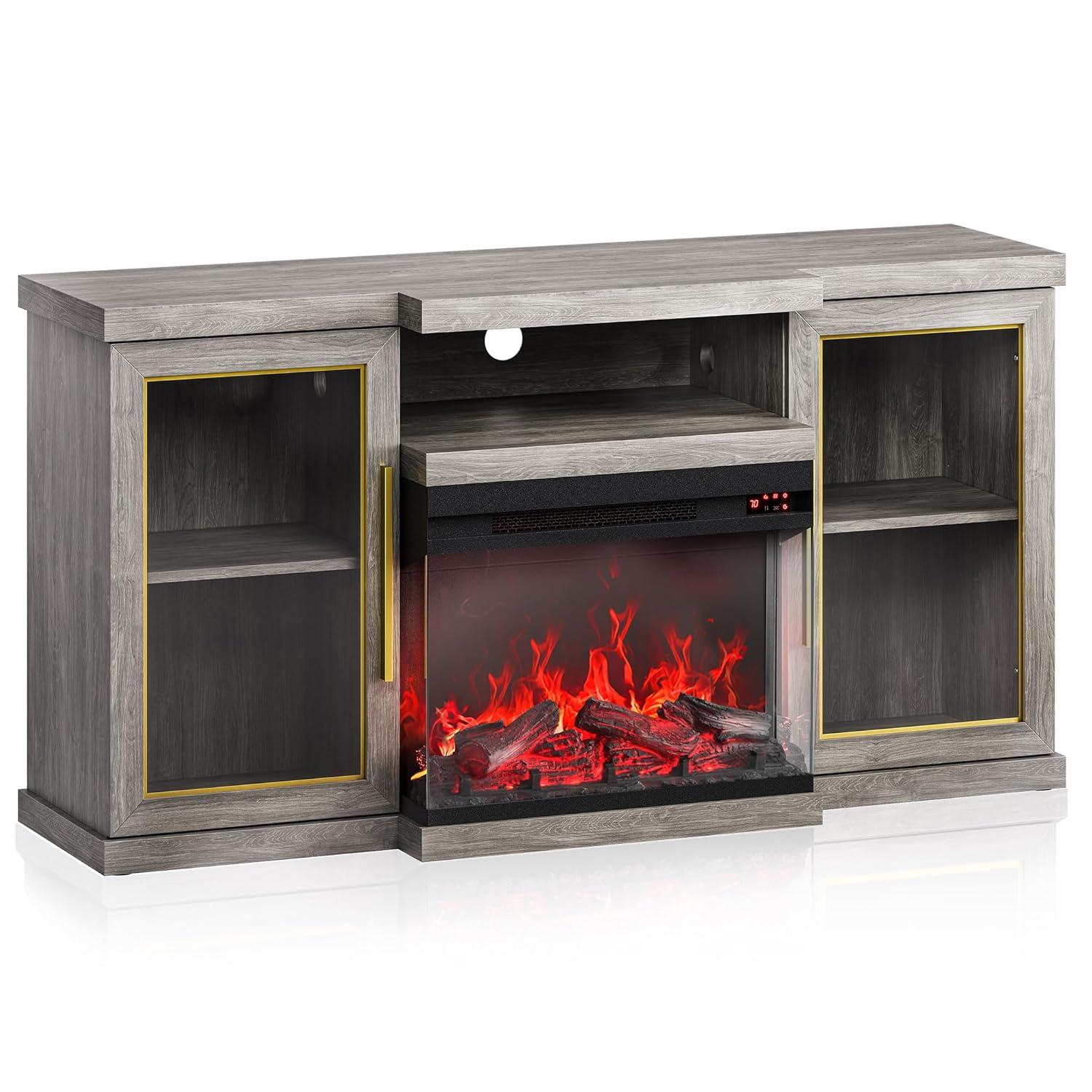 BELLEZE 57" TV Stand with 23" Electric Fireplace, Entertainment Center for TVs Up to 65", Glass Door Storage Cabinet with 3-Side Glass Display Fireplace for Living Room, Bedroom - Bardot (Grey)