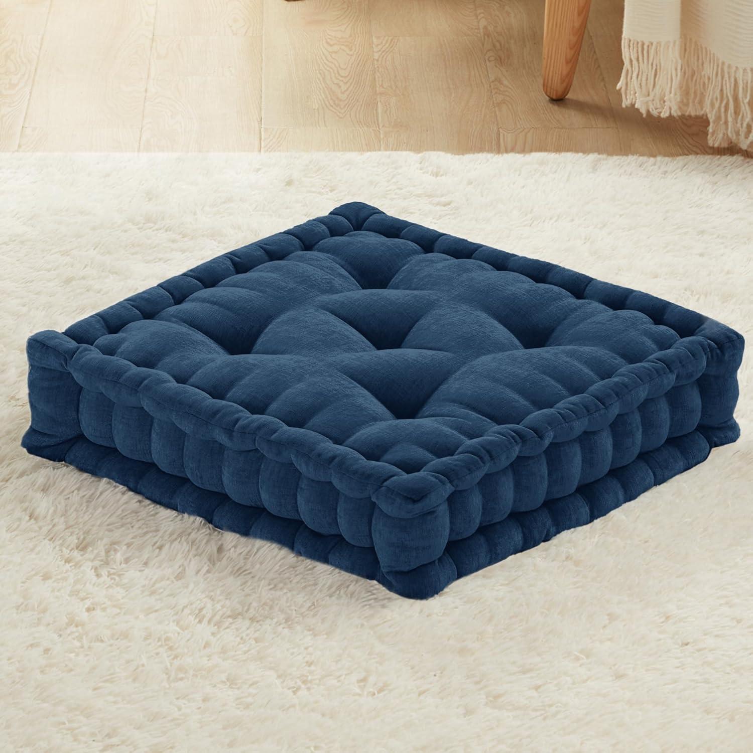 Codi INNA Floor Cushions for Adults, Cute Pillows Seating for Meditation, Square Tufted Chenille Cushion, Living Room, Fireplace, Reading Nook, Navy