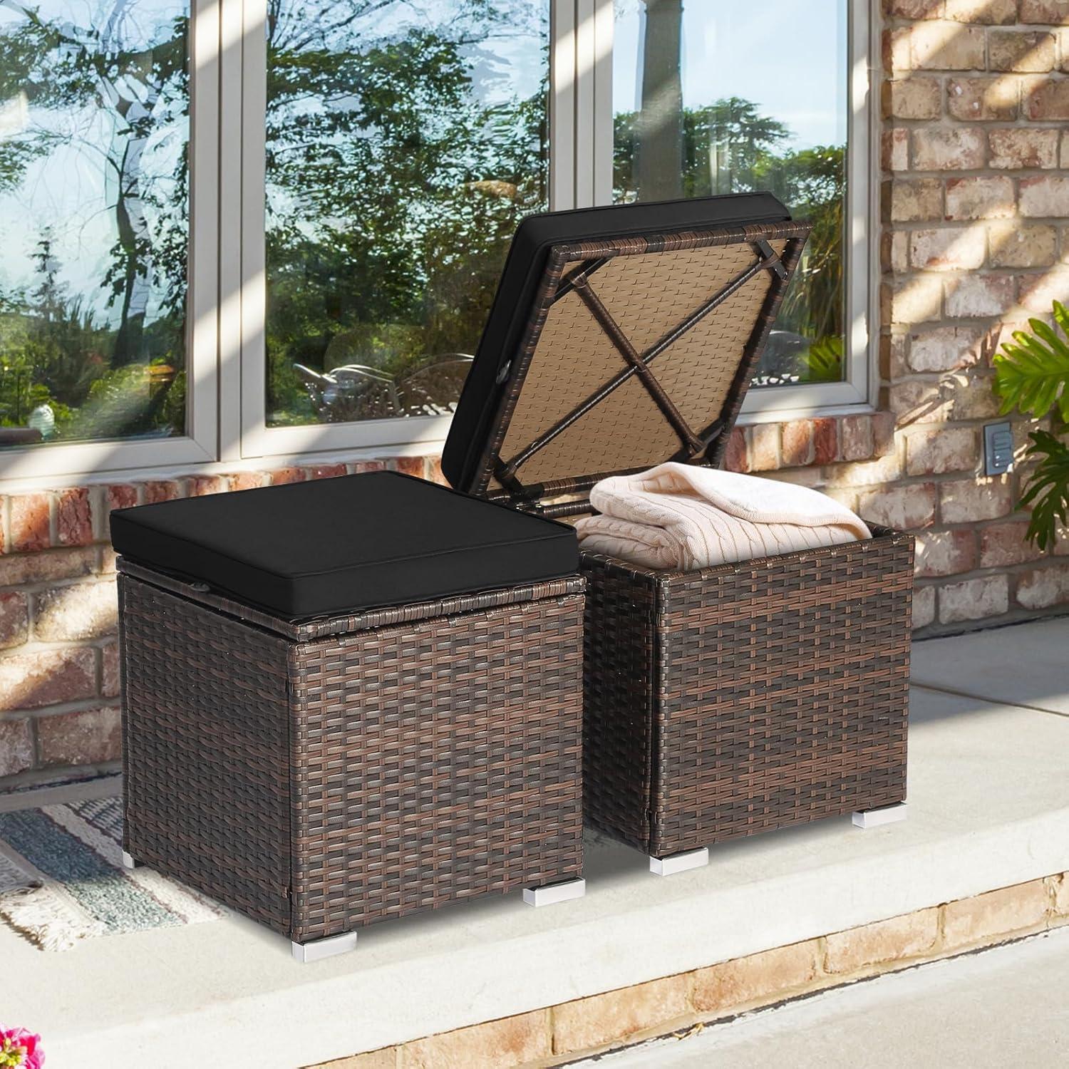 Navy Cushioned PE Rattan Storage Ottomans Set