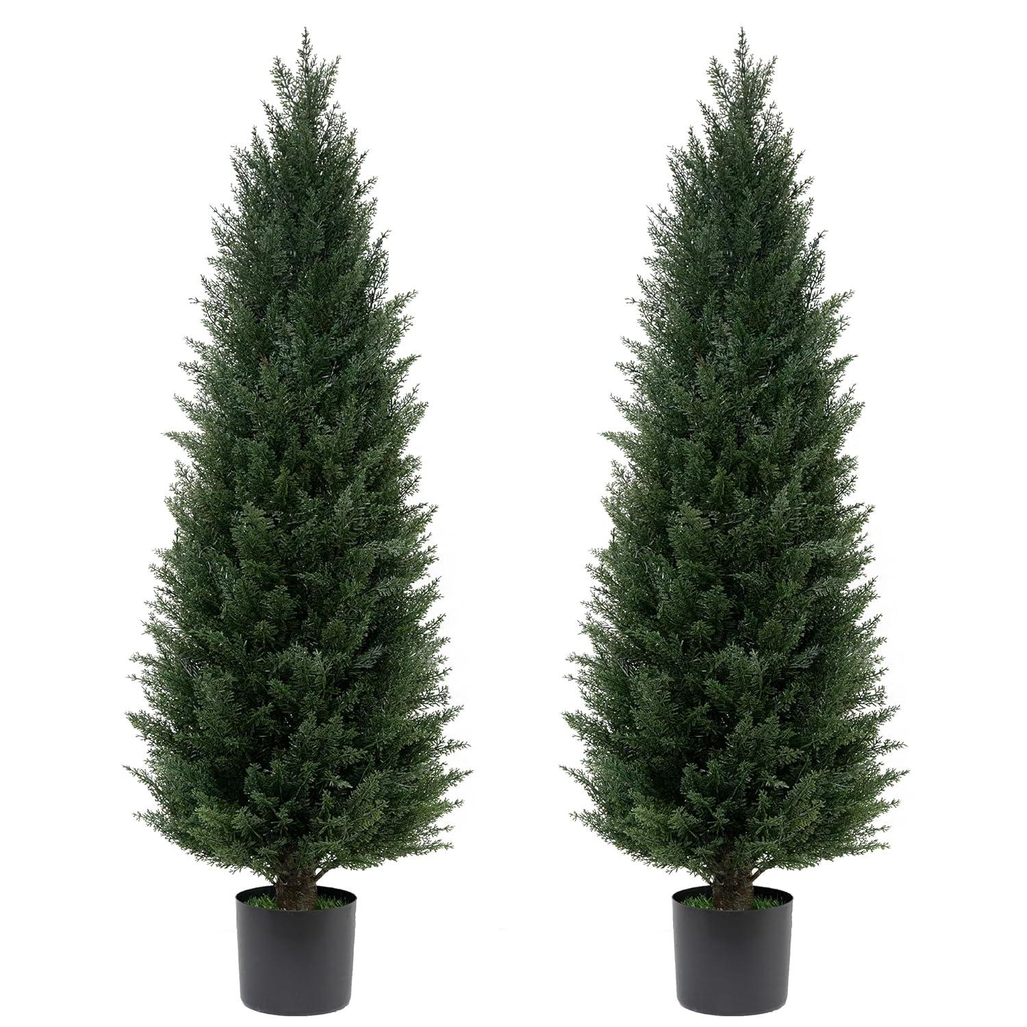 Two 4FT Artificial Cedar Trees Artificial Topiary UV Resistant Potted Plant Artificial Outdoor Tree Artificial Plants for Indoor Outdoor Garden