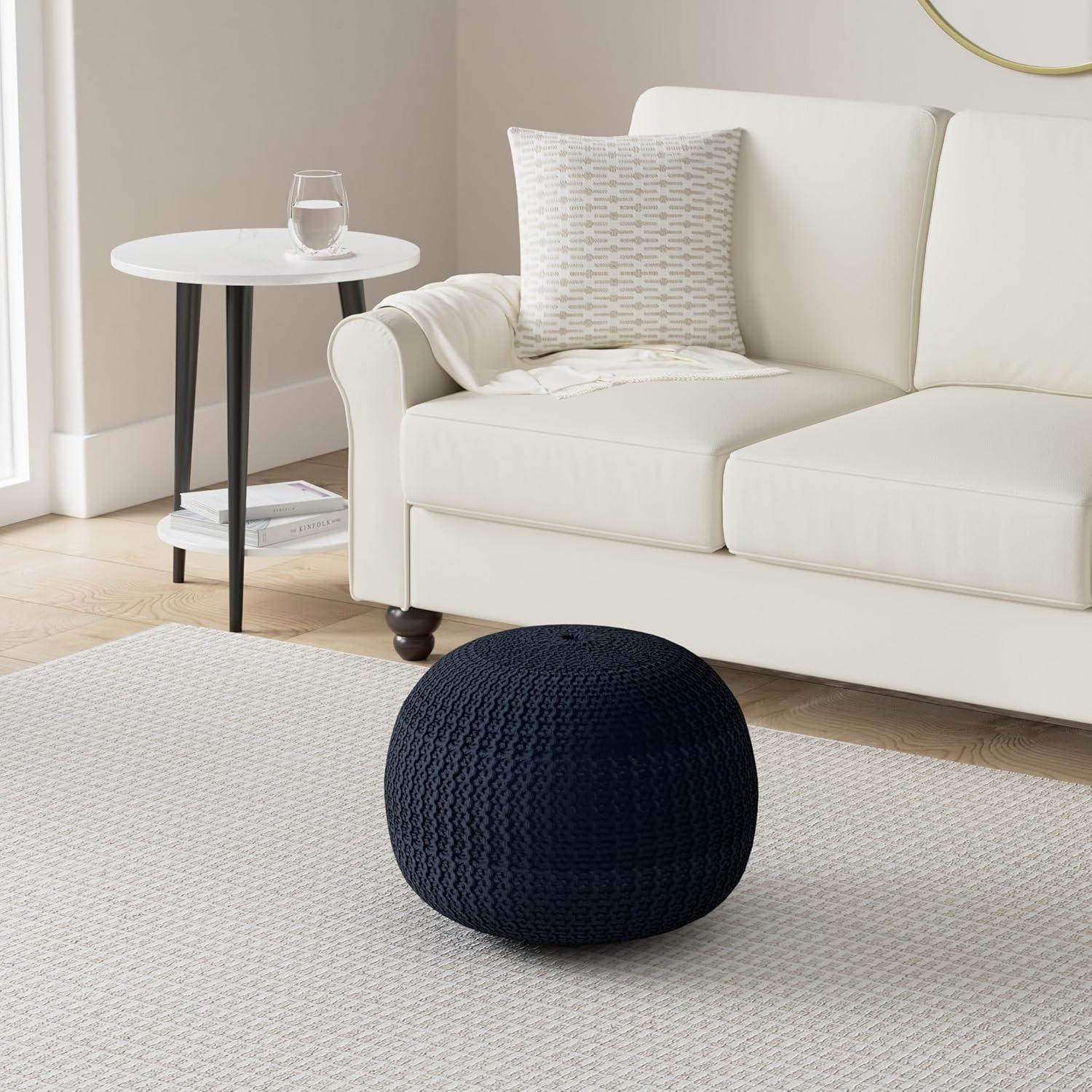 Urban Shop Round Solid Print Polyester Pouf, Blue