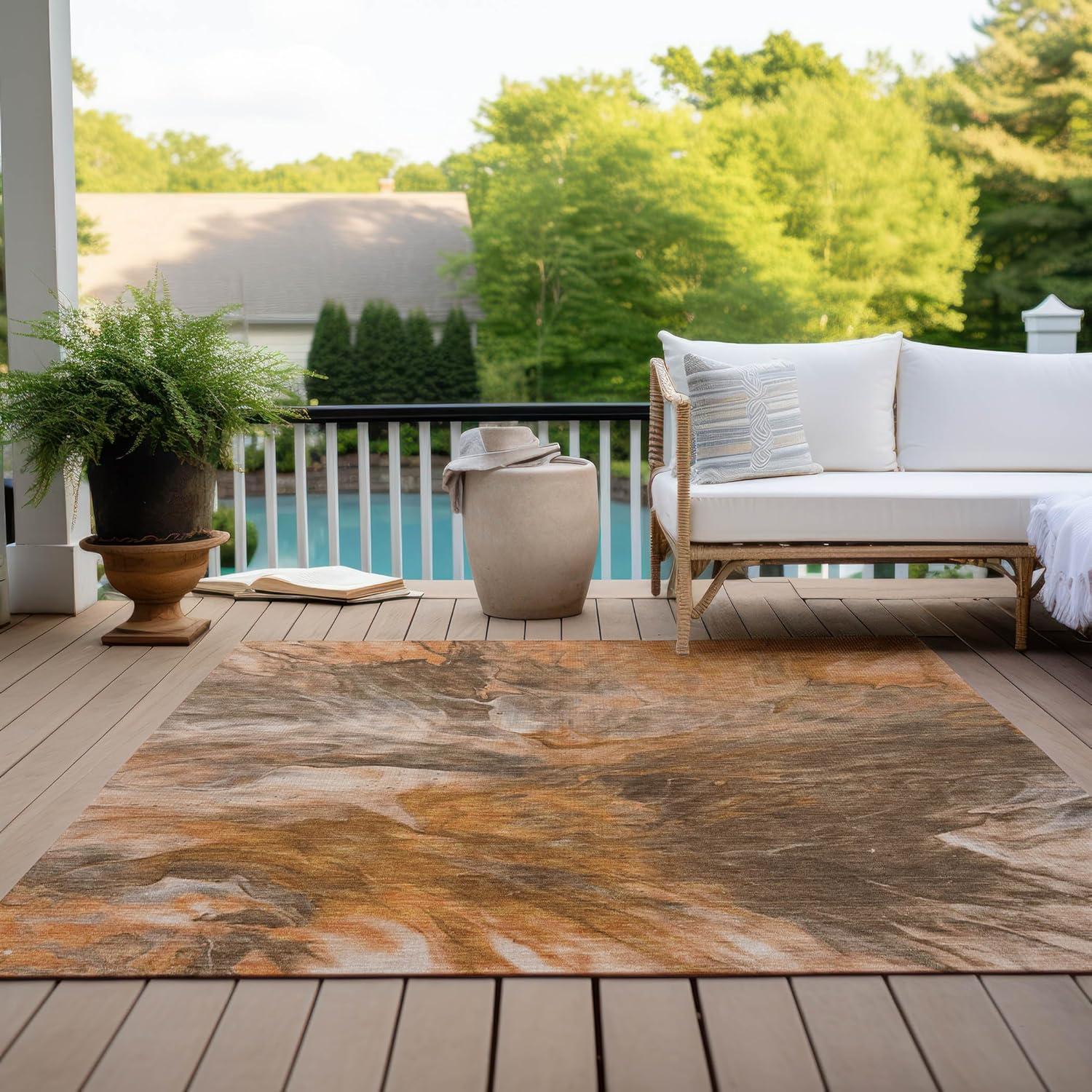Paprika and Brown Synthetic Rectangular Washable Rug