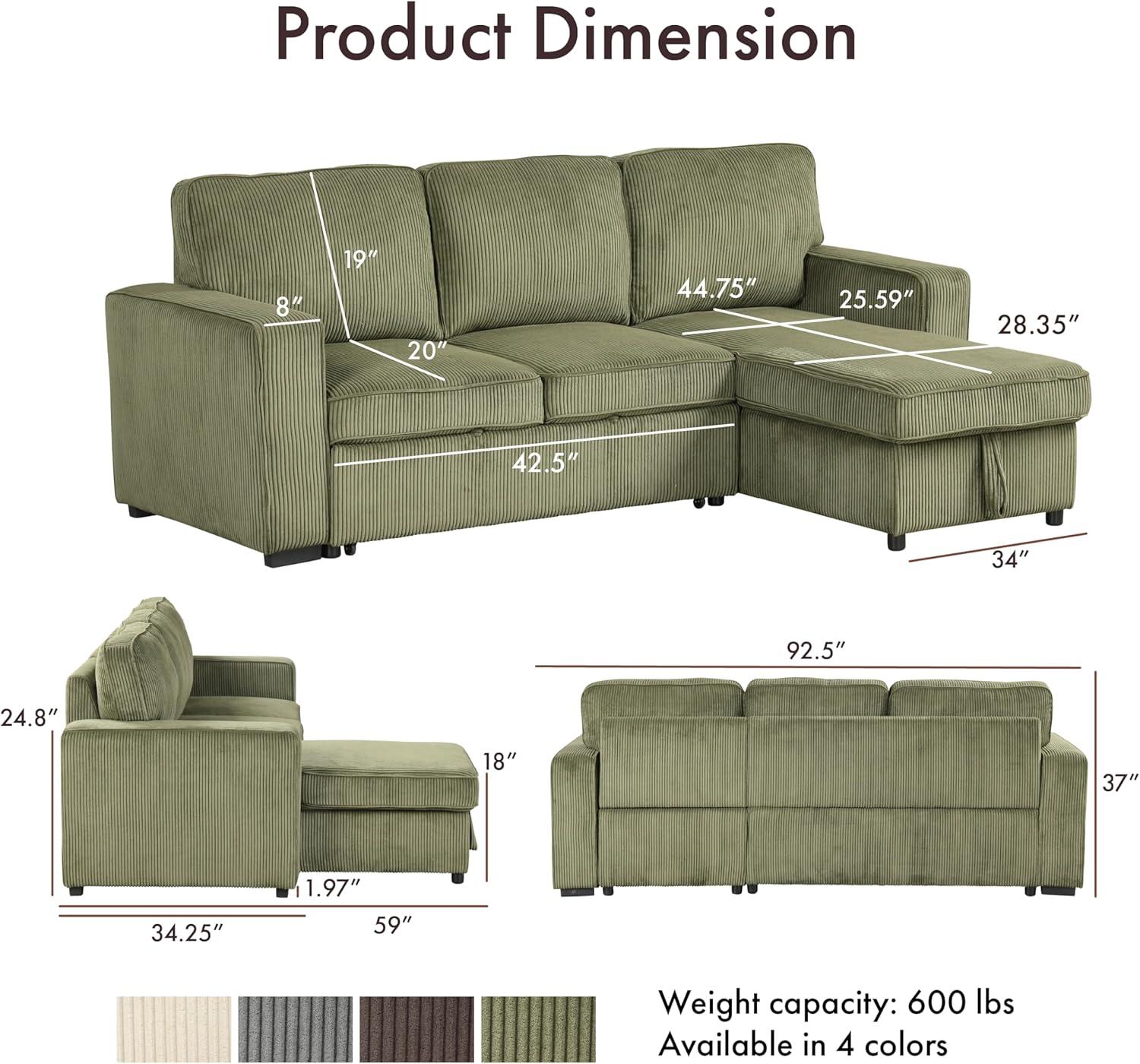 HOMES: Inside + Out Paeke Sleeper Sectional Sofa Corduroy with Storage Chaise and Reversible Green