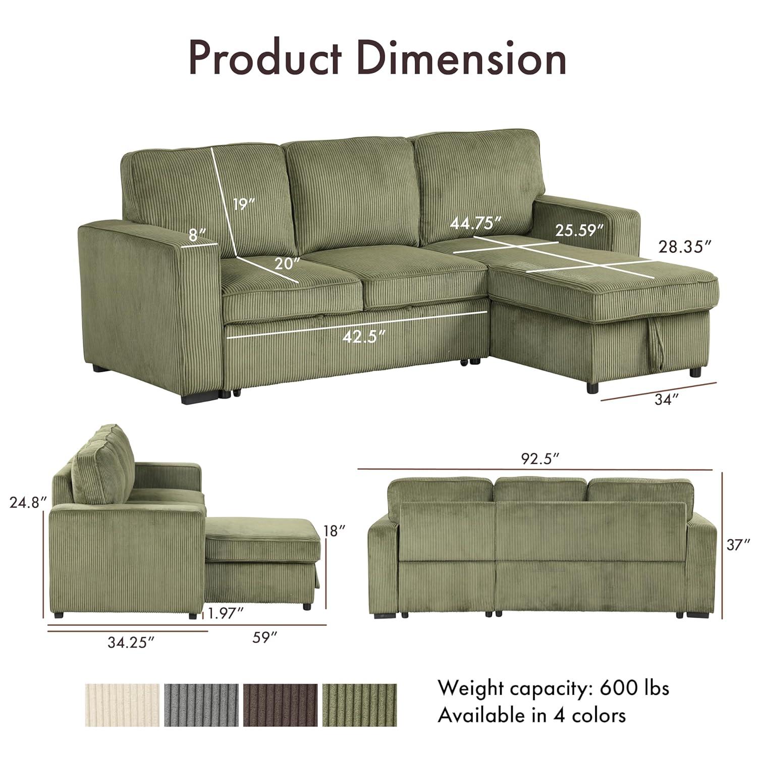 HOMES: Inside + Out Paeke Sleeper Sectional Sofa Corduroy with Storage Chaise and Reversible Green