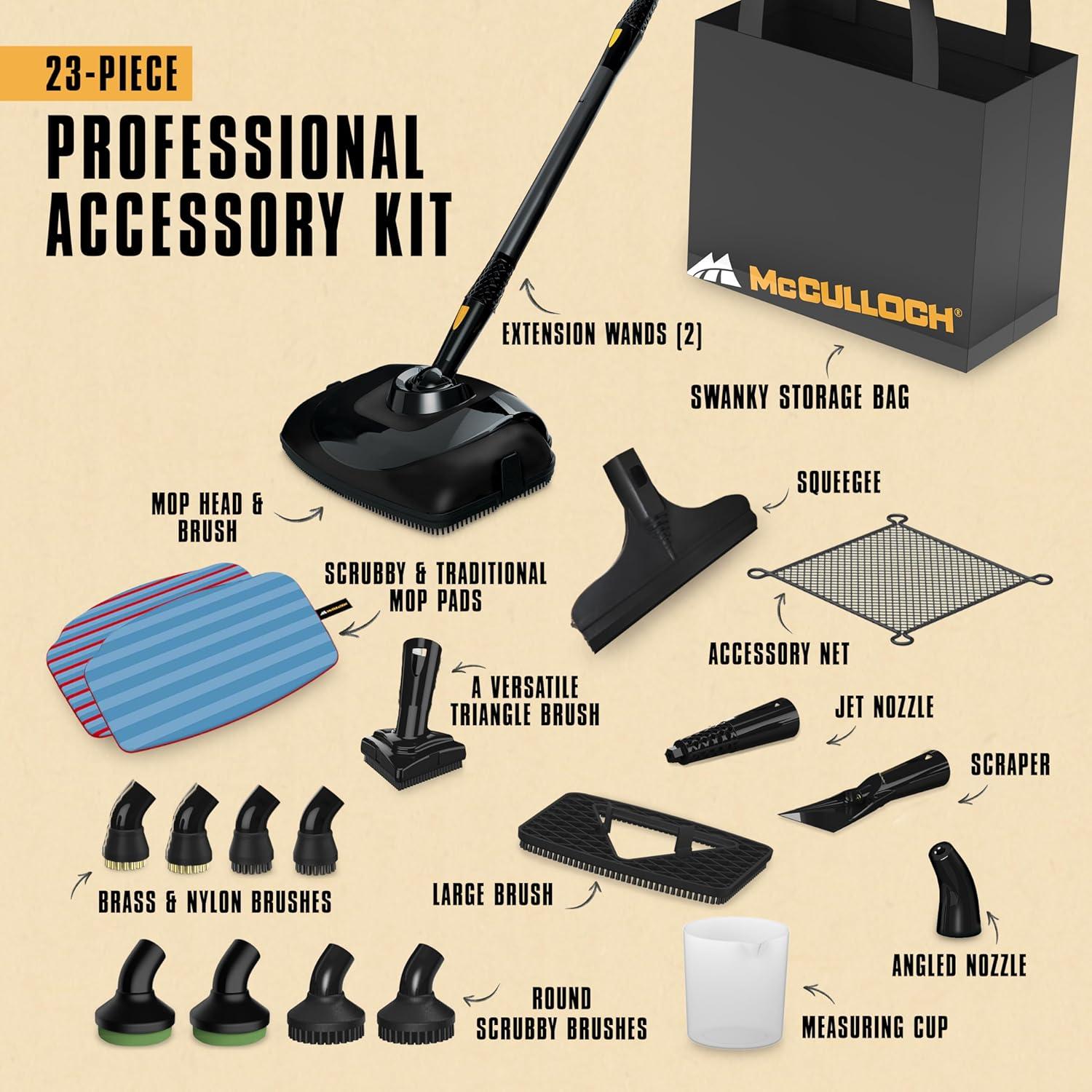 McCulloch MC1385 Deluxe Canister Steam Cleaner, 2-Hour Runtime, Chemical-Free, 23 Accessories: Mop Head, Brushes & More