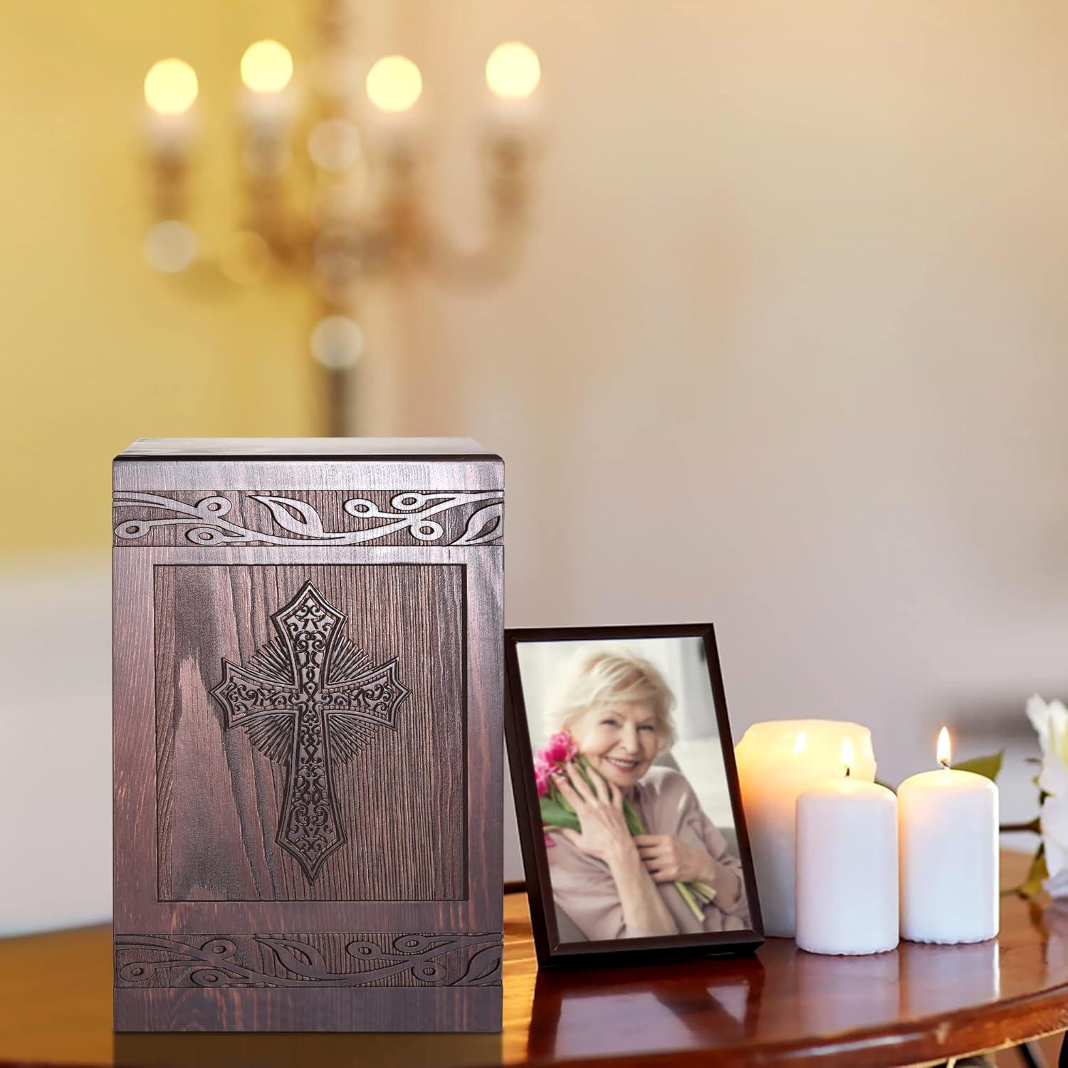 Cremation Urns for Human Ashes Adult Male Female, Wooden Carved Cross Urns Box and Casket for Ashes Men Women Child, Pets Cat Dog Urn, Burial Funeral Memorial Urns for Ashes, Holds 222 Cubic Inch