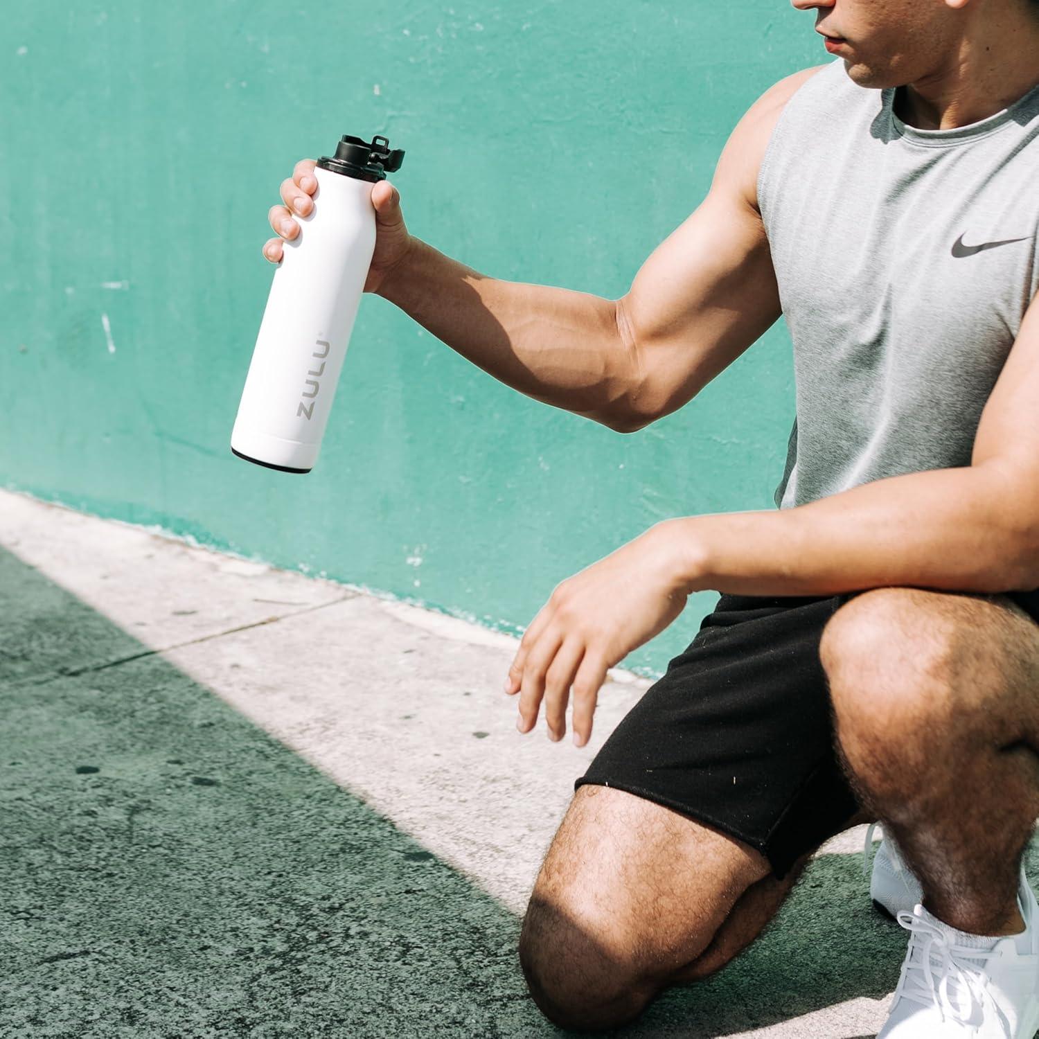 ZULU Ace Vacuum Insulated Stainless Steel Water Bottle with Removable Base - Leak Proof Lid - Antimicrobial Spout, 24 oz, White