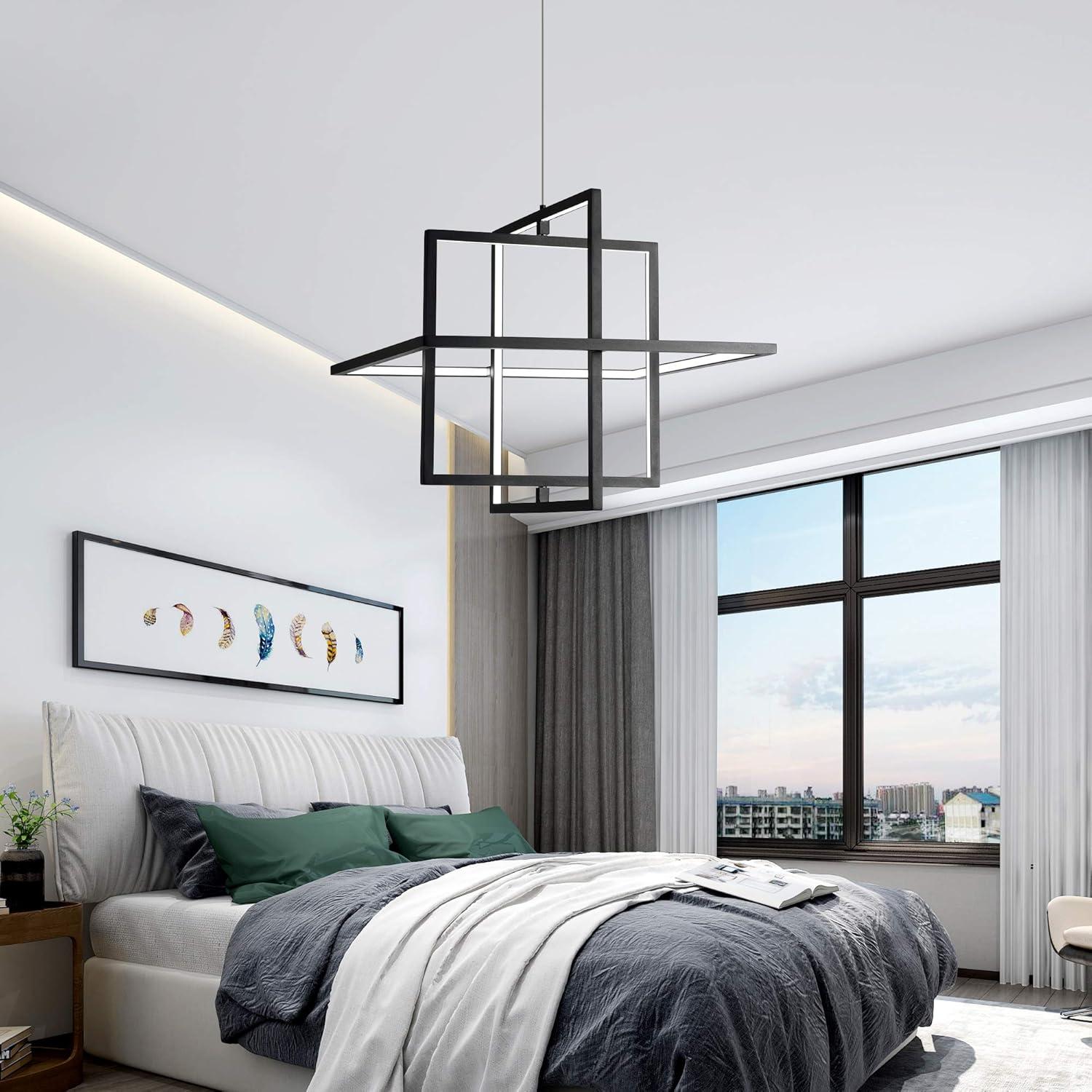 Modern LED Chandelier Led Pendant Light Square Contemporary Chandelier Hanging Light Dimmable for Living Room, Dining Room, Bedroom, Kitchen, Stydy Room 90W 6000K Cool Light (Black)