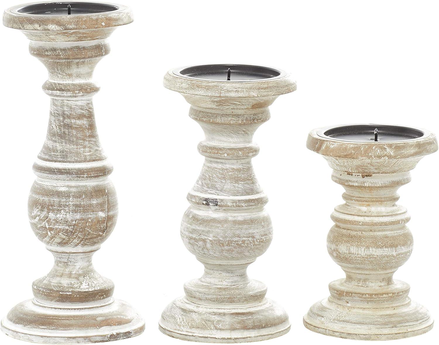 DecMode Traditional and Timeless Mango Wood Pillar Candle Holder Set of 3, 6", 8", 10"H, Cream Finish