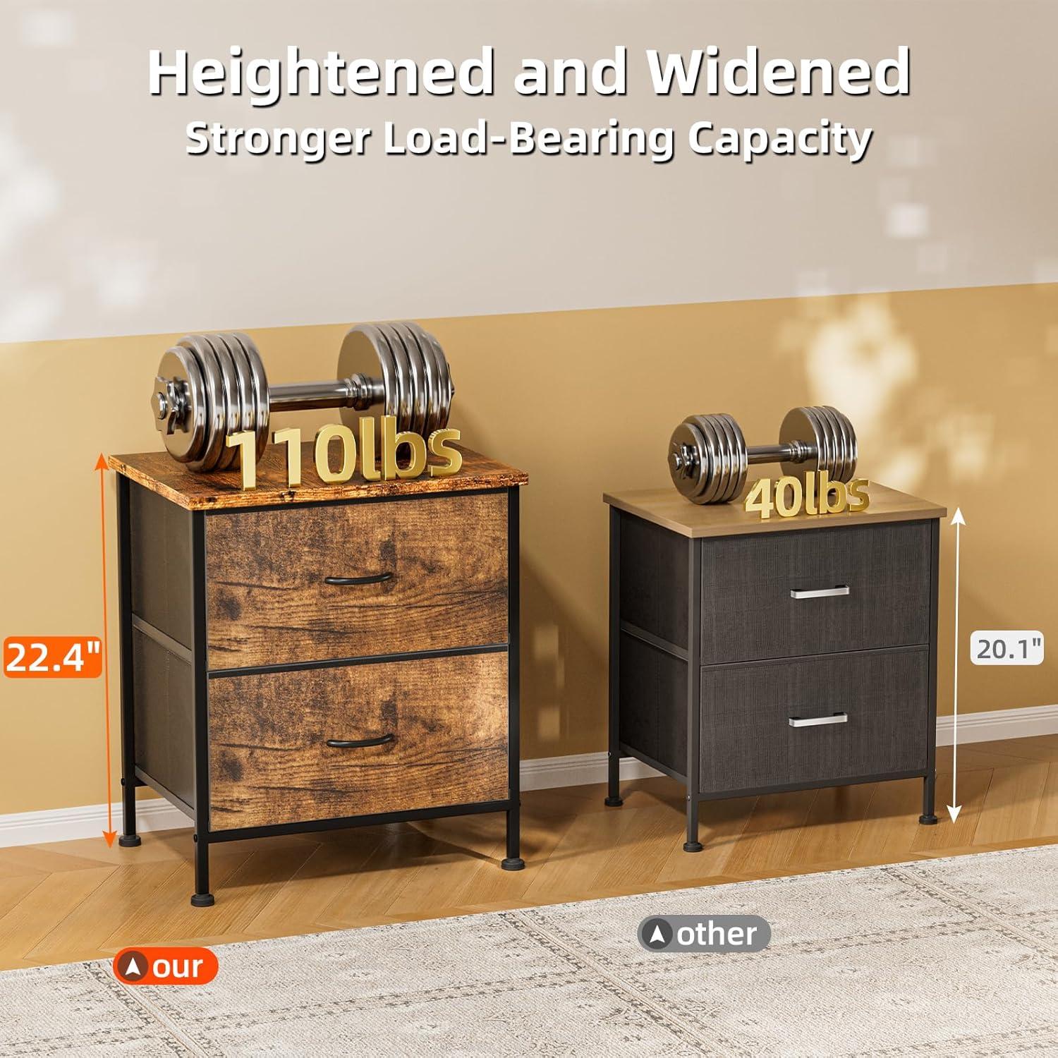 Nightstand with 2 Drawers, Night Stand Dresser for Bedroom, Small Dresser with Fabric Bins, Leather Finish, Modern Bedside Table End Side Table for Living Room, Dorm, Closet, Nursery, Brown