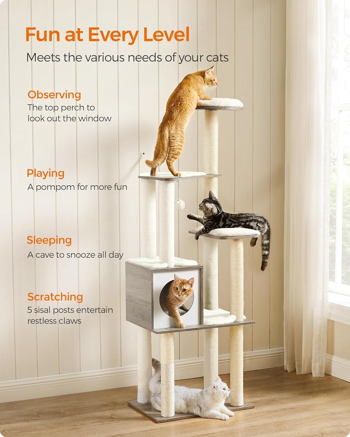 Feandrea WoodyWonders Cat Tree, 65-Inch Modern Cat Tower for Indoor Cats, Multi-Level Cat Condo with Scratching Posts, Cat Furniture, Greige