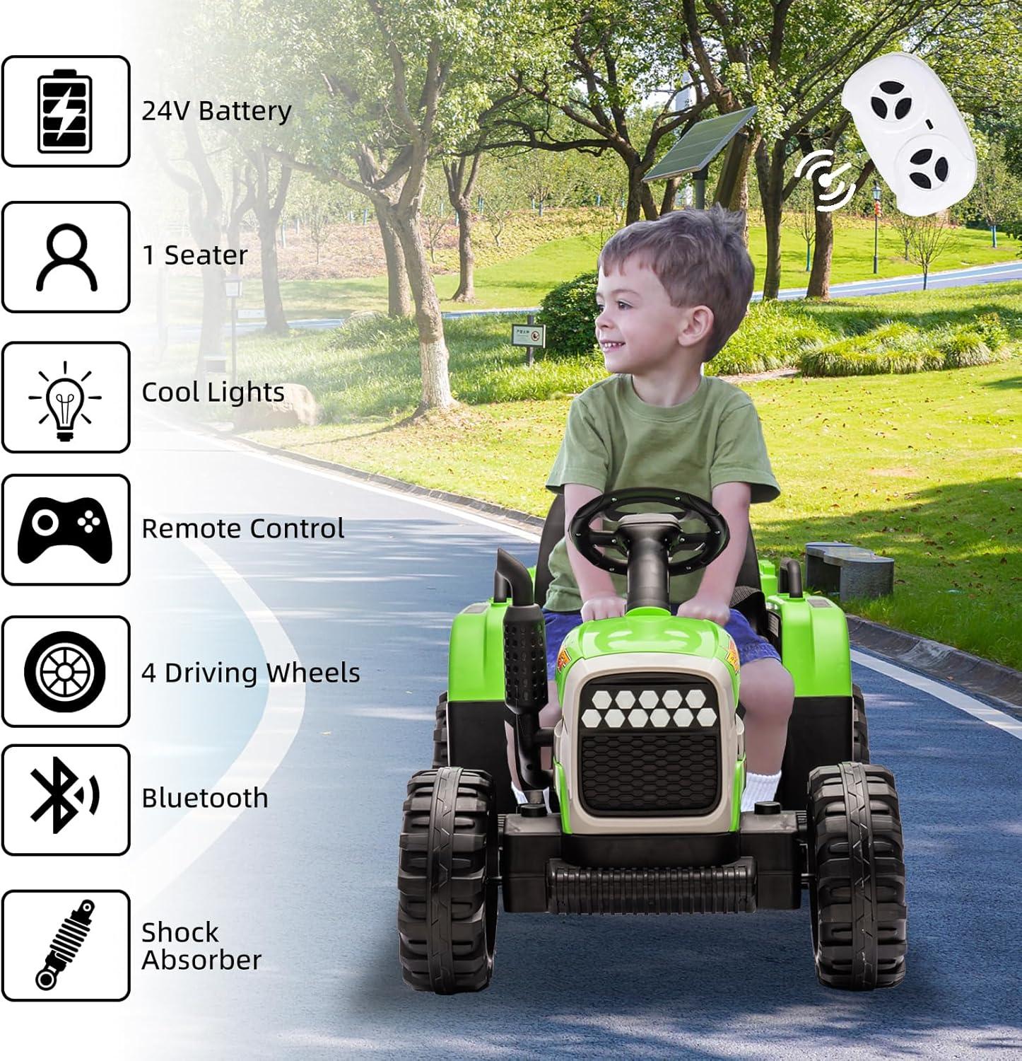 24V 400W Powered Electric Tractor for Kids, 3-Speed Ride On Tractor with Remote Control, USB/MP3/Bluetooth, LED Lights, Safety Belt, 1.86-4.97 MPH，Green