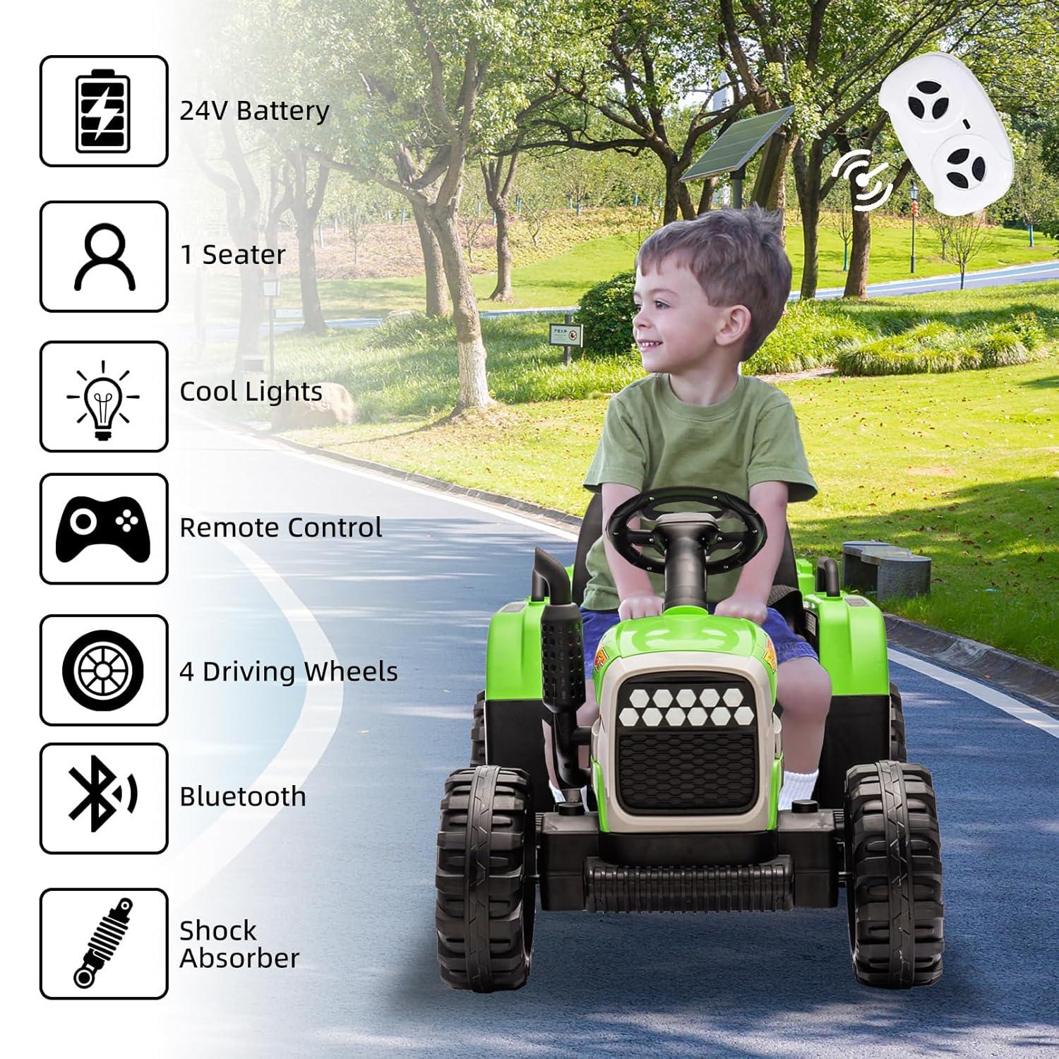 24V 400W Powered Electric Tractor for Kids, 3-Speed Ride On Tractor with Remote Control, USB/MP3/Bluetooth, LED Lights, Safety Belt, 1.86-4.97 MPH，Green