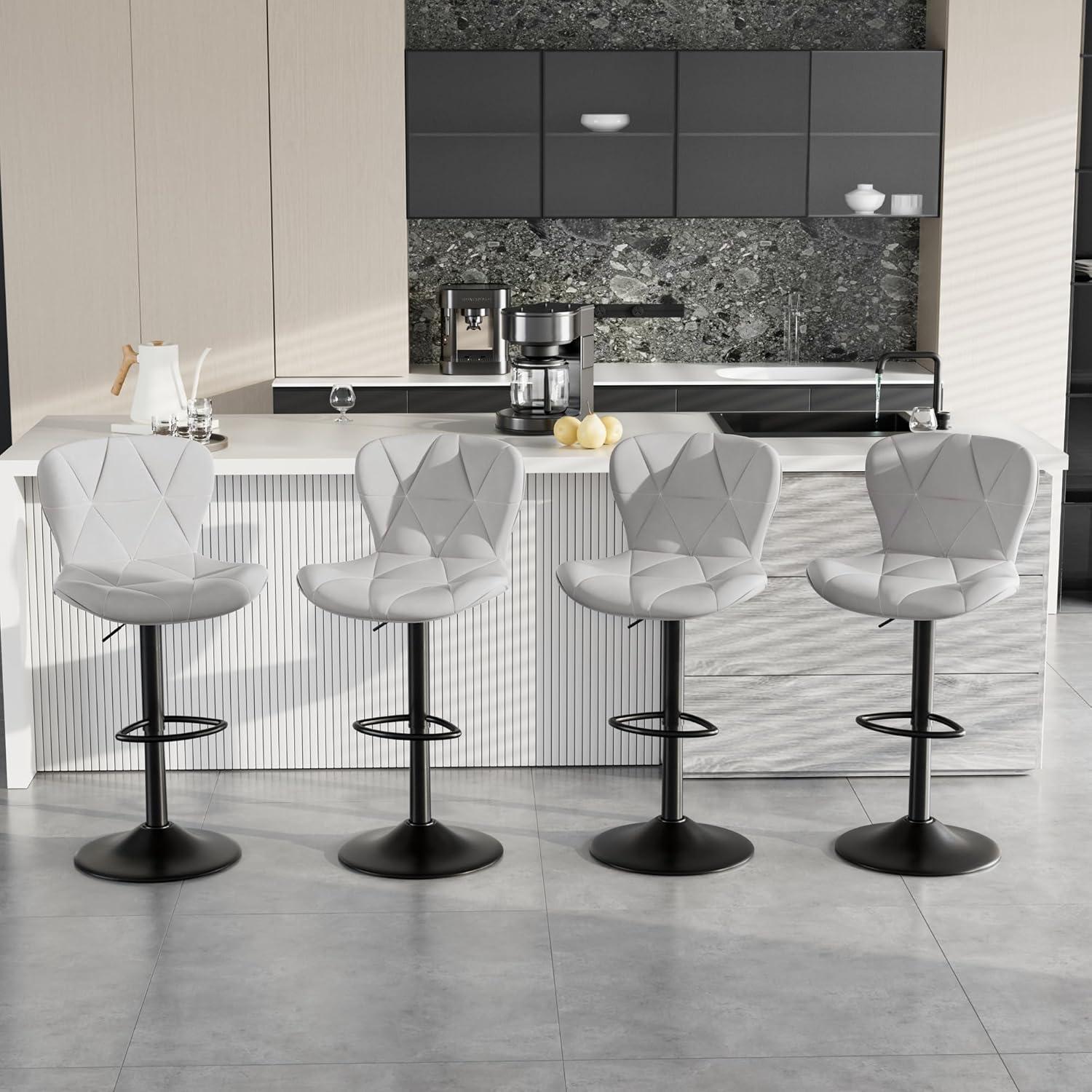 Modern Bar Stool Set of 2, Adjustable Faux Leather Upholstered Swivel Counter Stools, Counter Height Barstools with Back for Kitchen Island, Light Grey