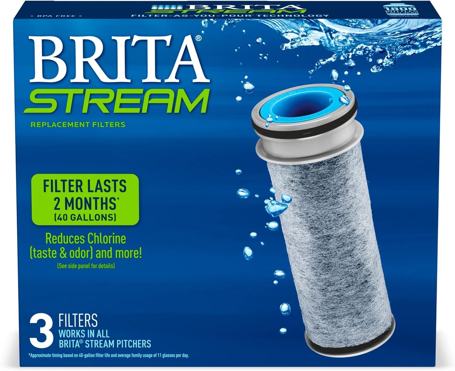 Brita Stream Water Filter, Stream Pitcher Replacement Water Filter, BPA Free, 3 Count