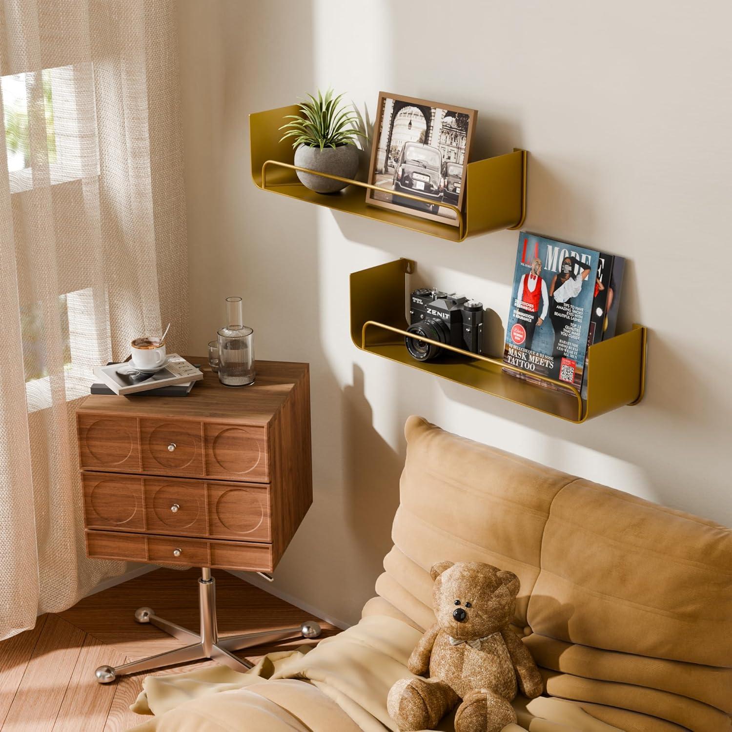 Mercer41 16 Inch Gold Floating Shelves Set Of 2, Modern Iron Bathroom Shelves With Guardrail, U-shaped Wall Mounted Shelf For Home Decor & Organizer, Display Shelf For Bathroom,kitchen,bedroom&any Room