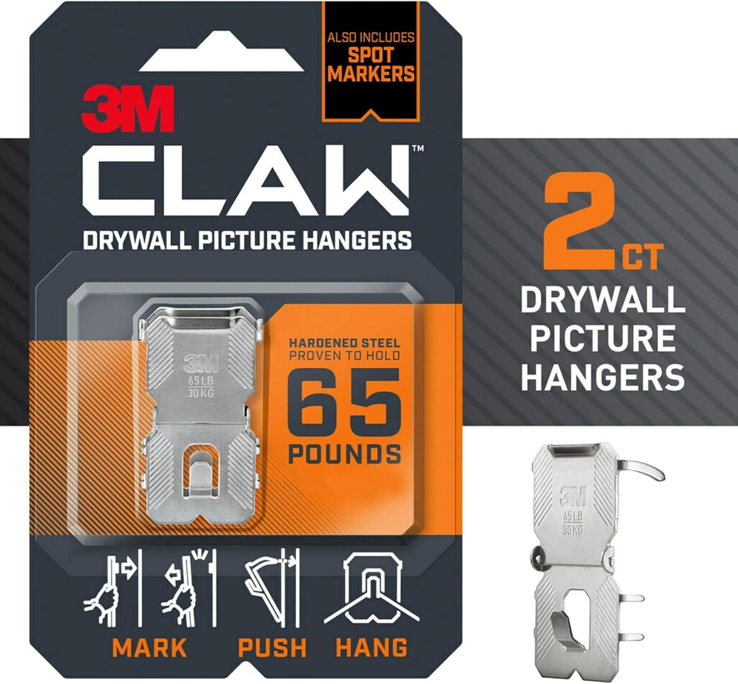 3M Claw Drywall Picture Hanger 65lb with Temporary Spot Marker + 2 hangers and 2 markers: Mirror & Picture Hanging Kit