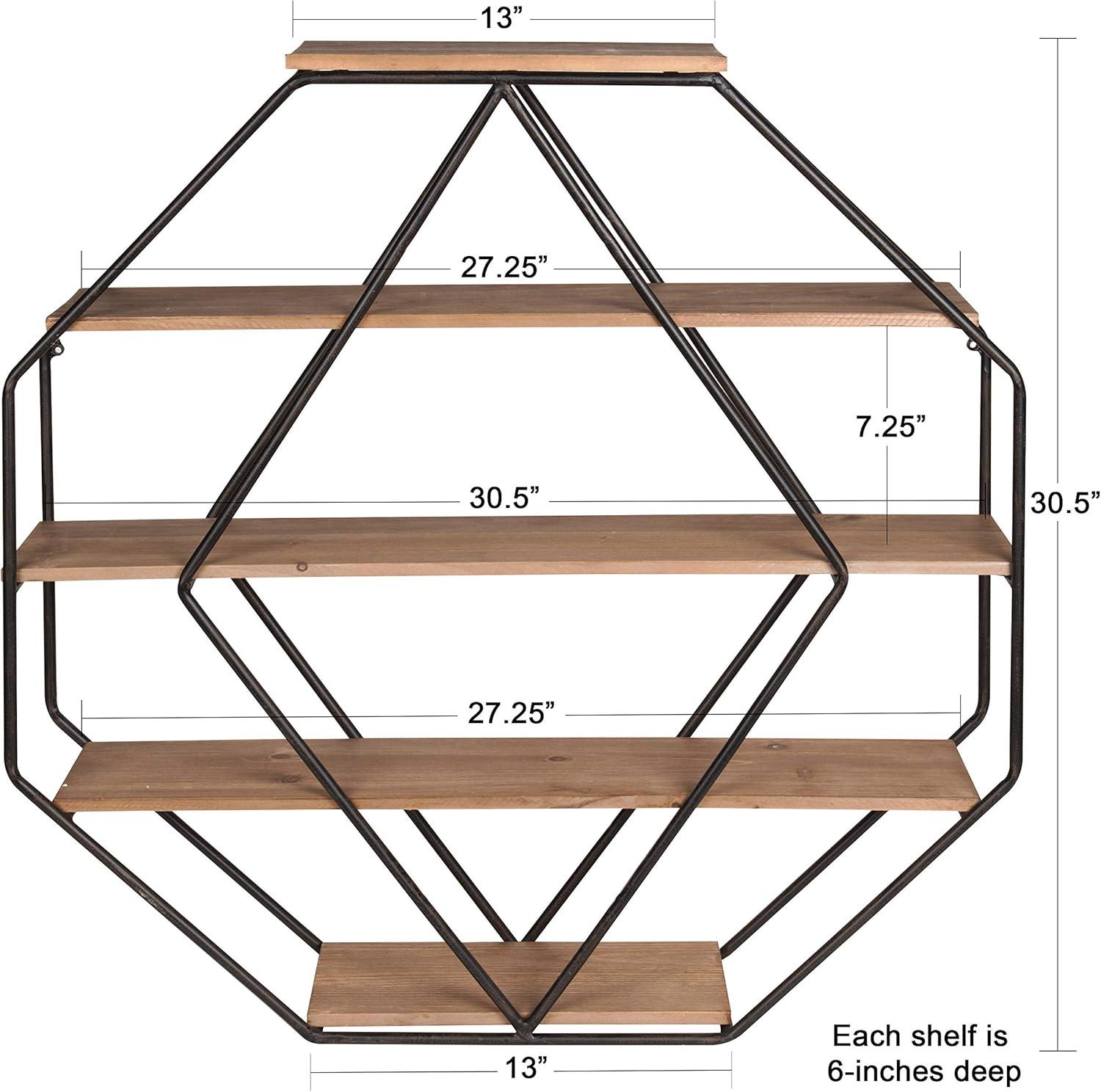 Kate & Laurel All Things Decor Wall Shelf Octagon Shaped Walnut/Black: 5-Tier Metal Floating Decorative Shelving