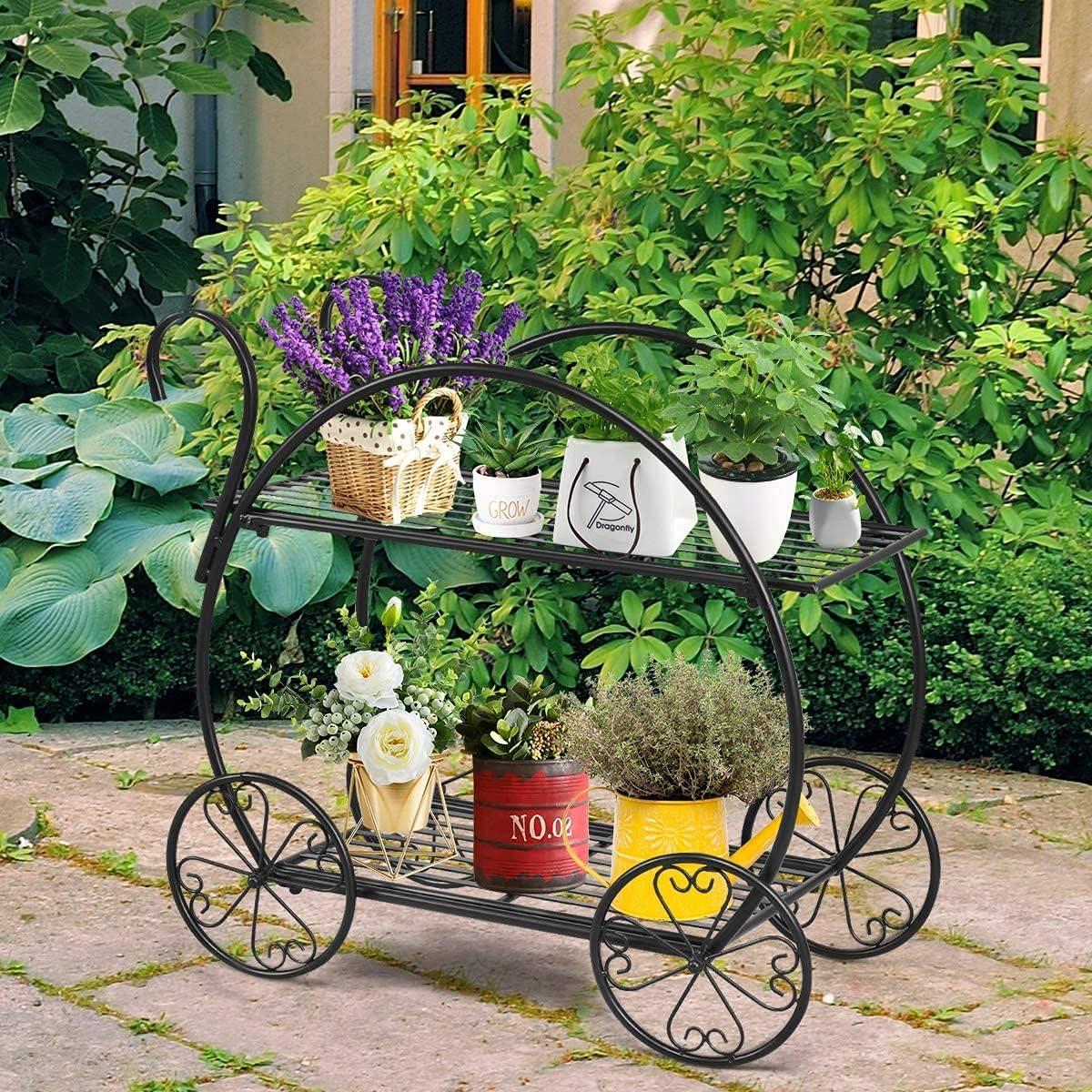 GRAFFY Metal Plant Stand, 2 Tiered Garden Cart Shelf with 4 Decorative Wheels, Parisian Style Flower Pot, Holder Display Shelf for Home Patio Garden Flower Shop