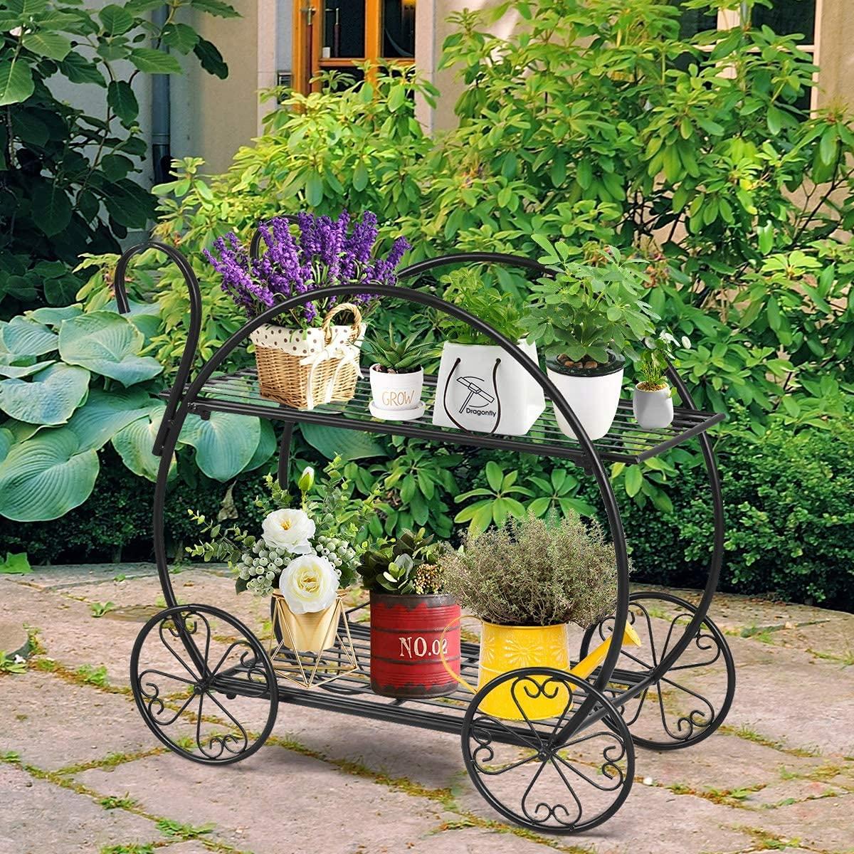 GRAFFY Metal Plant Stand, 2 Tiered Garden Cart Shelf with 4 Decorative Wheels, Parisian Style Flower Pot, Holder Display Shelf for Home Patio Garden Flower Shop