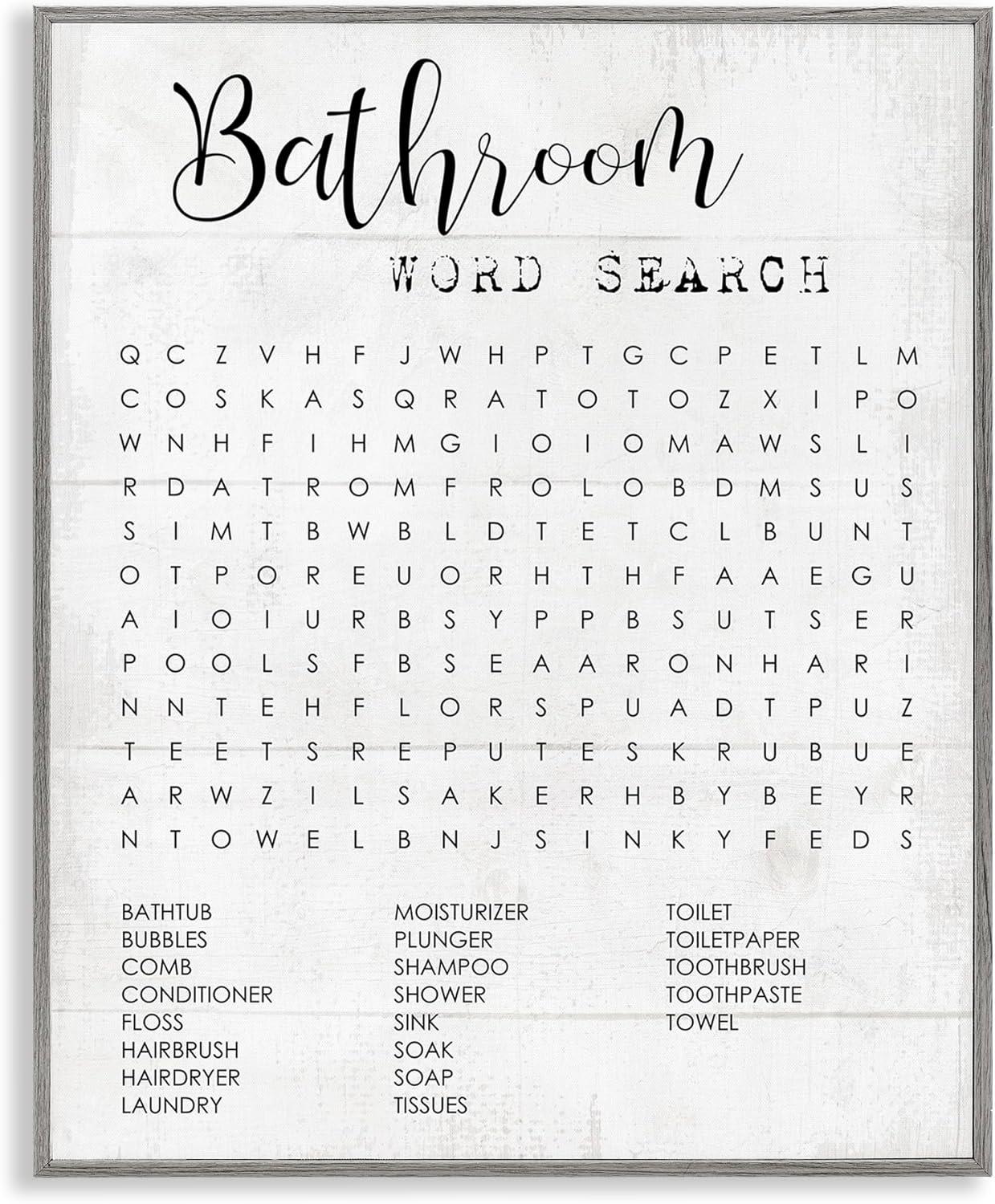 Stupell Industries Bathroom Word Search Fun Family Word Design Gray Framed Giclee, 11 x 14