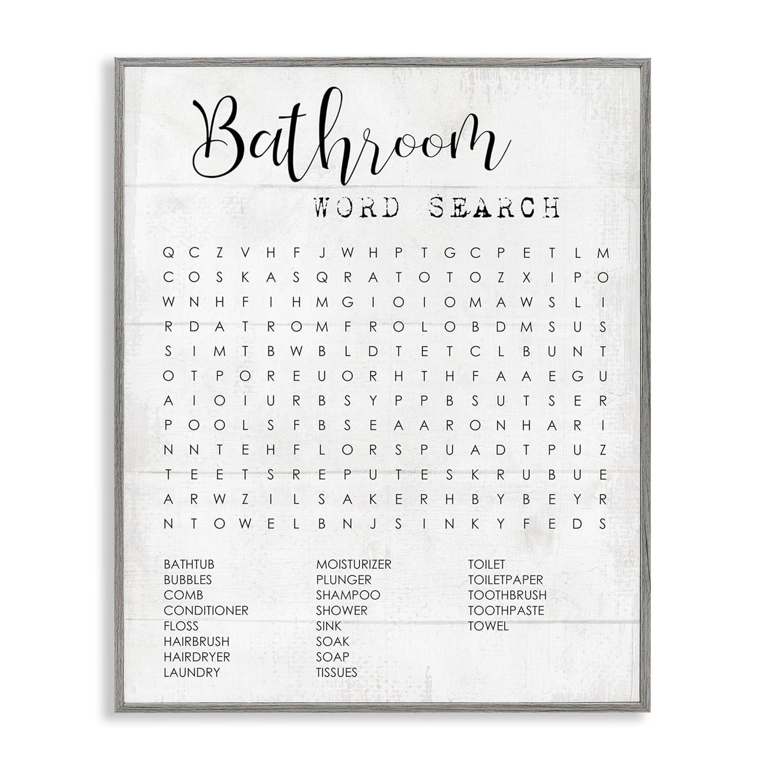 Stupell Industries Bathroom Word Search Fun Family Word Design Gray Framed Giclee, 11 x 14