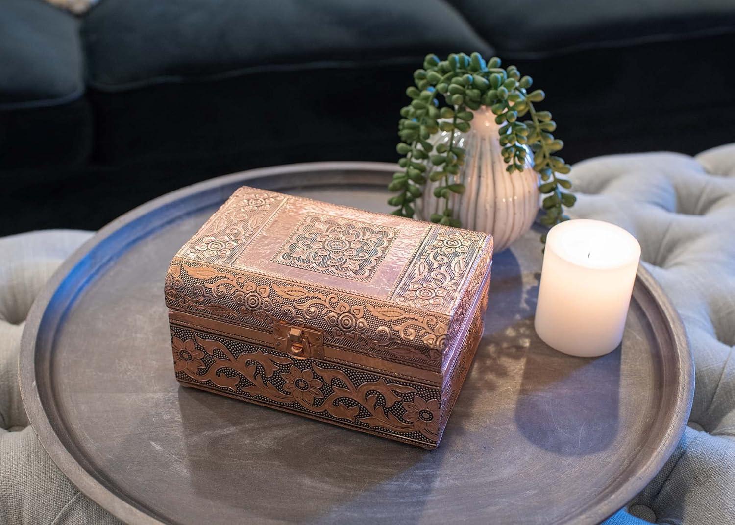 Cottage Garden Moroccan Copper Tone Metal Stamped Round Top Trunk Keepsake Box
