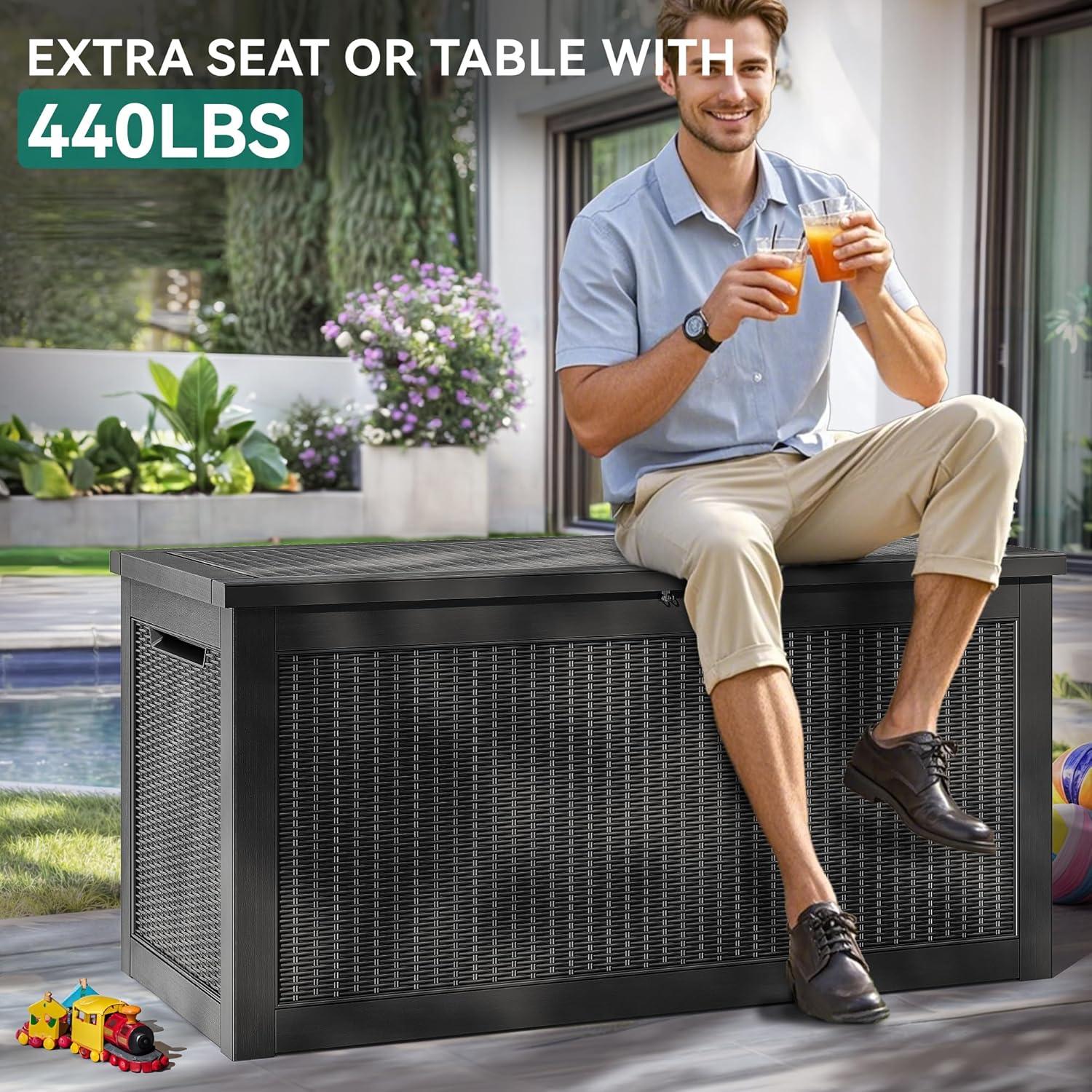 YITAHOME 32 Gallon Rattan Deck Box, Indoor Outdoor Storage Box for Patio Furniture, Pool Accessories, Cushions, Garden Tools, Sports Equipment, Waterproof Resin with Lockable Lid & Side Handles, Black