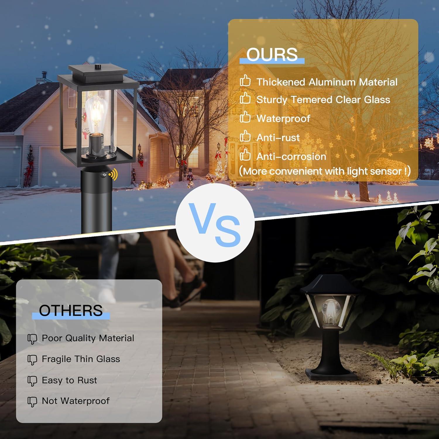 Dusk to Dawn Outdoor Post Light Hardwired, Black Lamp Post Lights with Pier Mount Base, Waterproof Exterior Lamp Post Lantern with Clear Class, Pole Light for Garden Yard Patio Pathway