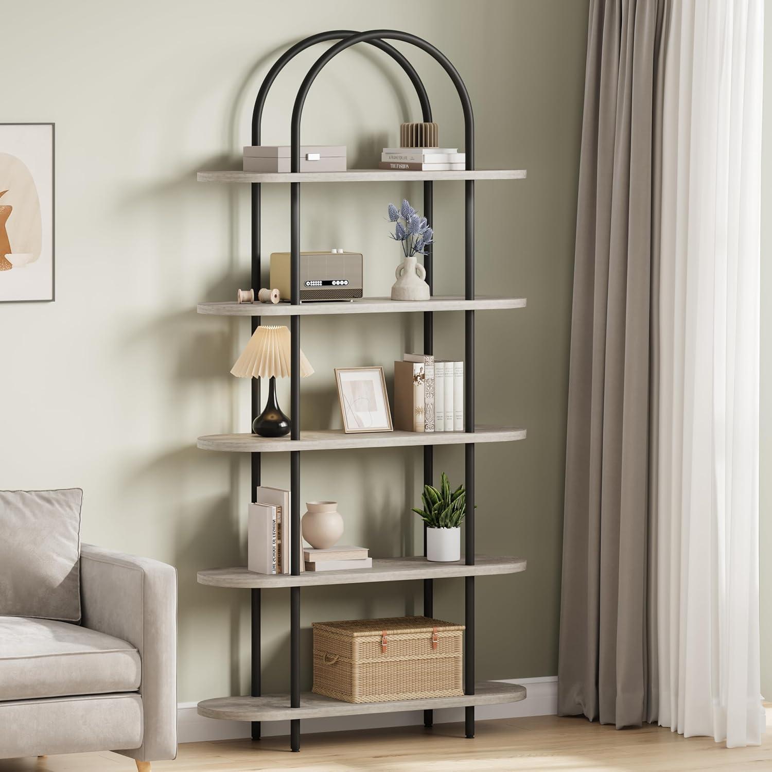 Black and Retro Five-Tier Arched Metal and Wood Bookshelf