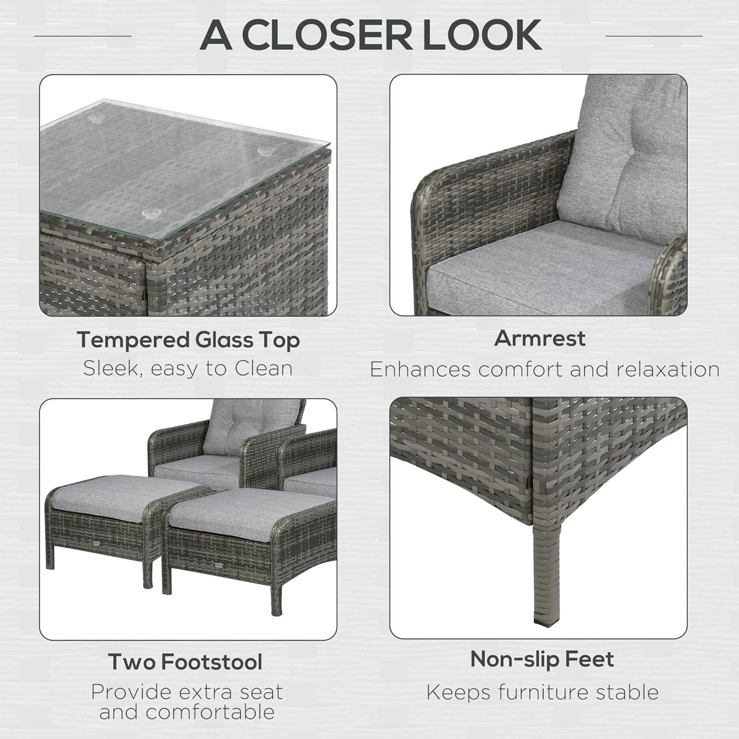 Outsunny 5 Pieces Rattan Wicker Lounge Chair Outdoor Patio Conversation Set with 2 Cushioned Chairs, 2 Ottomans & Glass Coffee Table, Gray