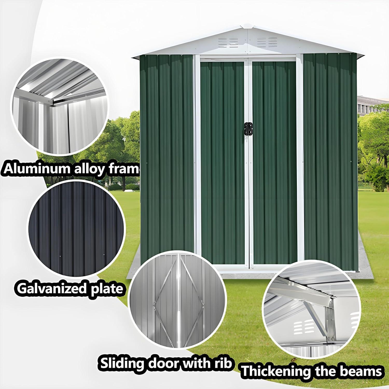 6' x 4' Metal Outdoor Storage Shed, Garden Tool House with 2 Vents and 2 Easy Sliding Doors for Backyard, Patio, Garage, Lawn Metal Storage Shed （Green）