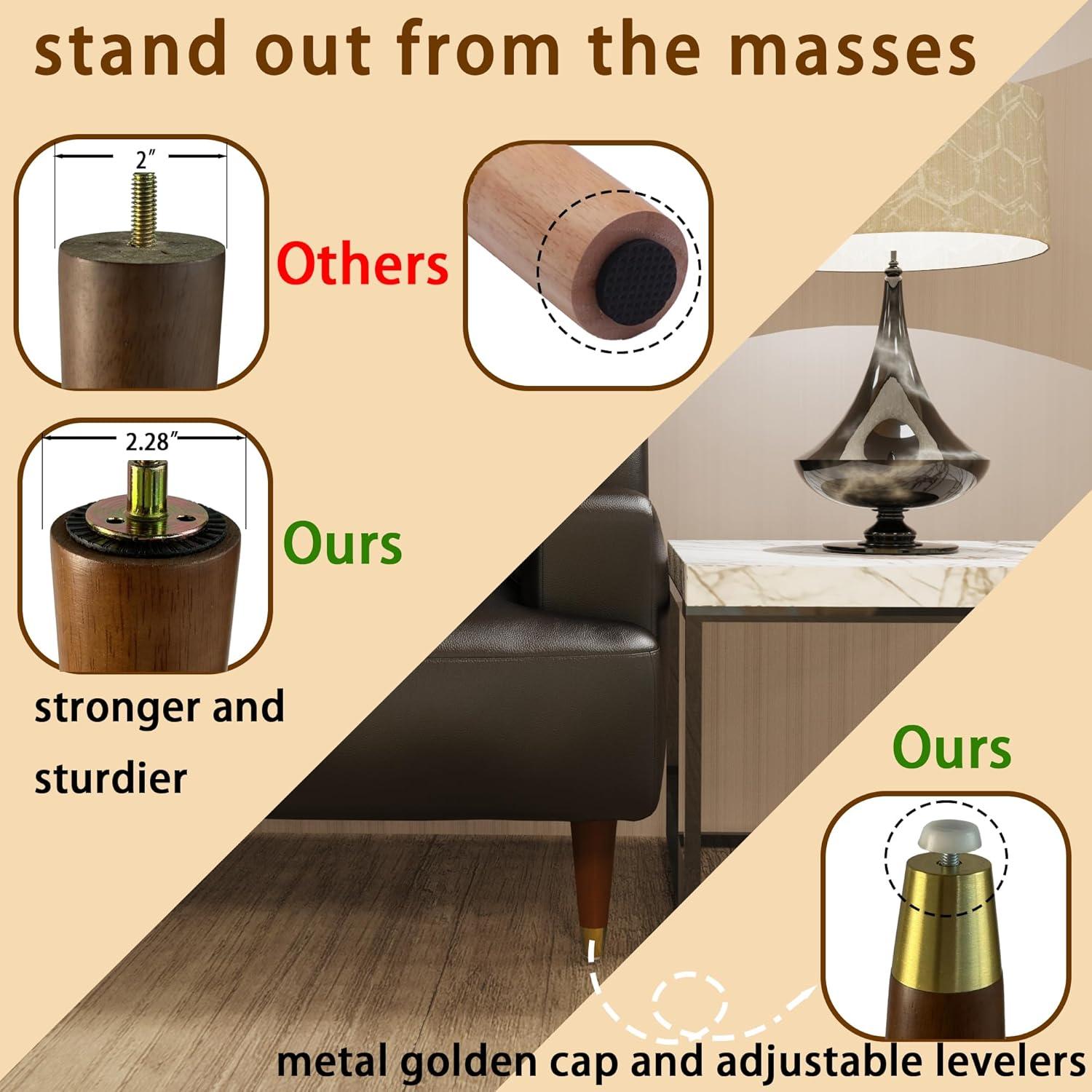 Hard Wood Furniture Legs with Gold Caps 6 Inch Mid-Century Modern Replacement Legs for Couch Dresser Cabinet Vanity Ottoman Walnut Color Sofa Legs Set of 4
