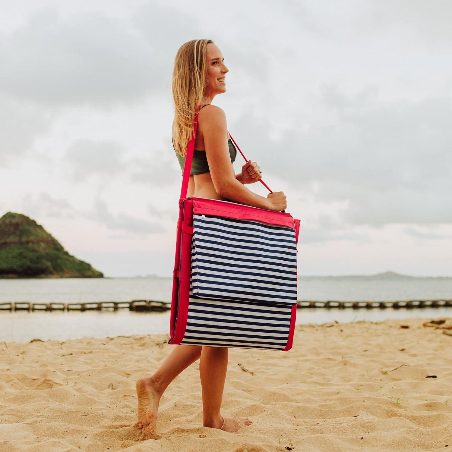 PICNIC TIME Beachcomber Portable Beach Mat - Soft Beach Lounger - Backpack Beach Chair & Tote, (Blue Pinstripe)