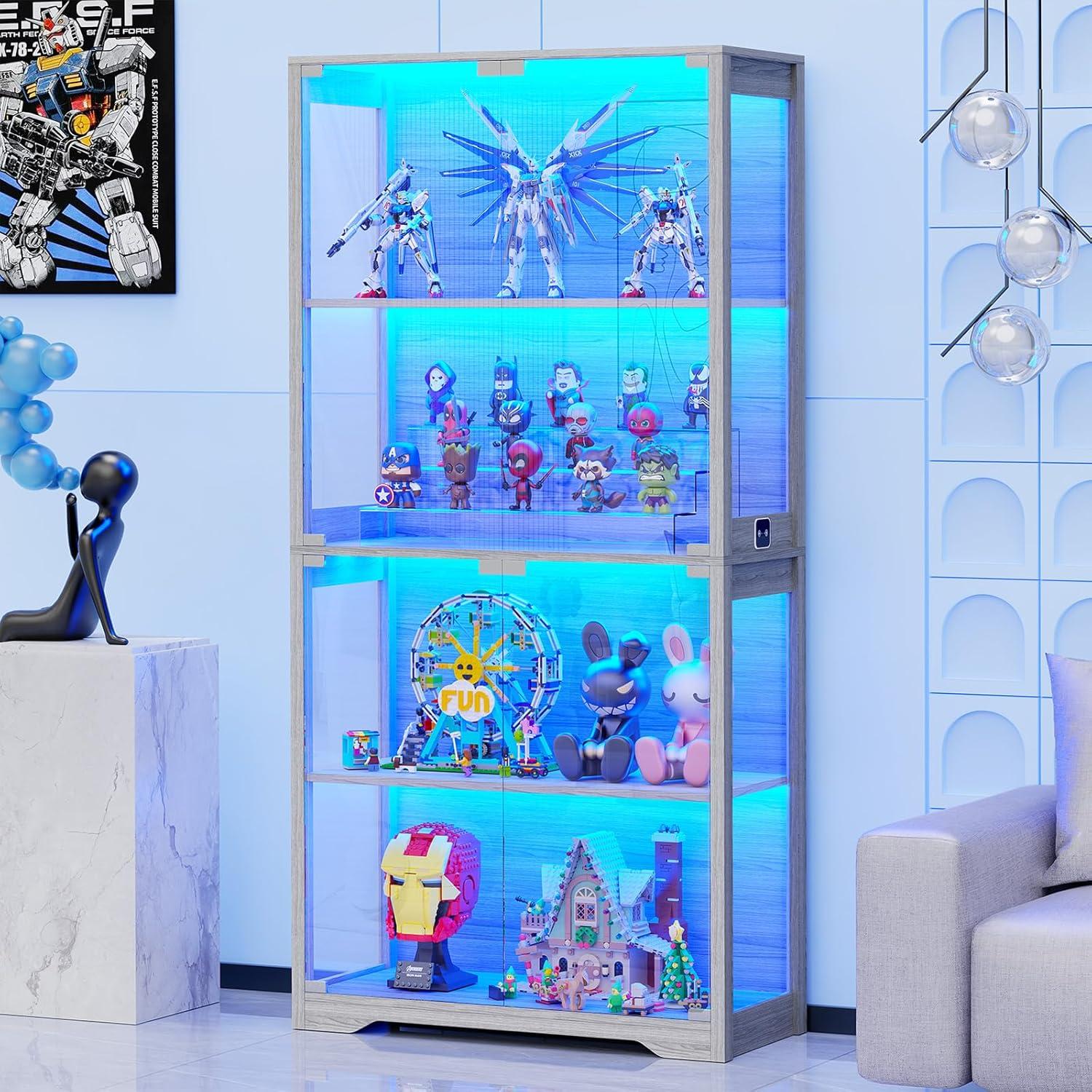 Display Cabinet with Glass Doors, 4-Tier Curio Cabinet&Bookcase with 3 Color Light for Collectibles