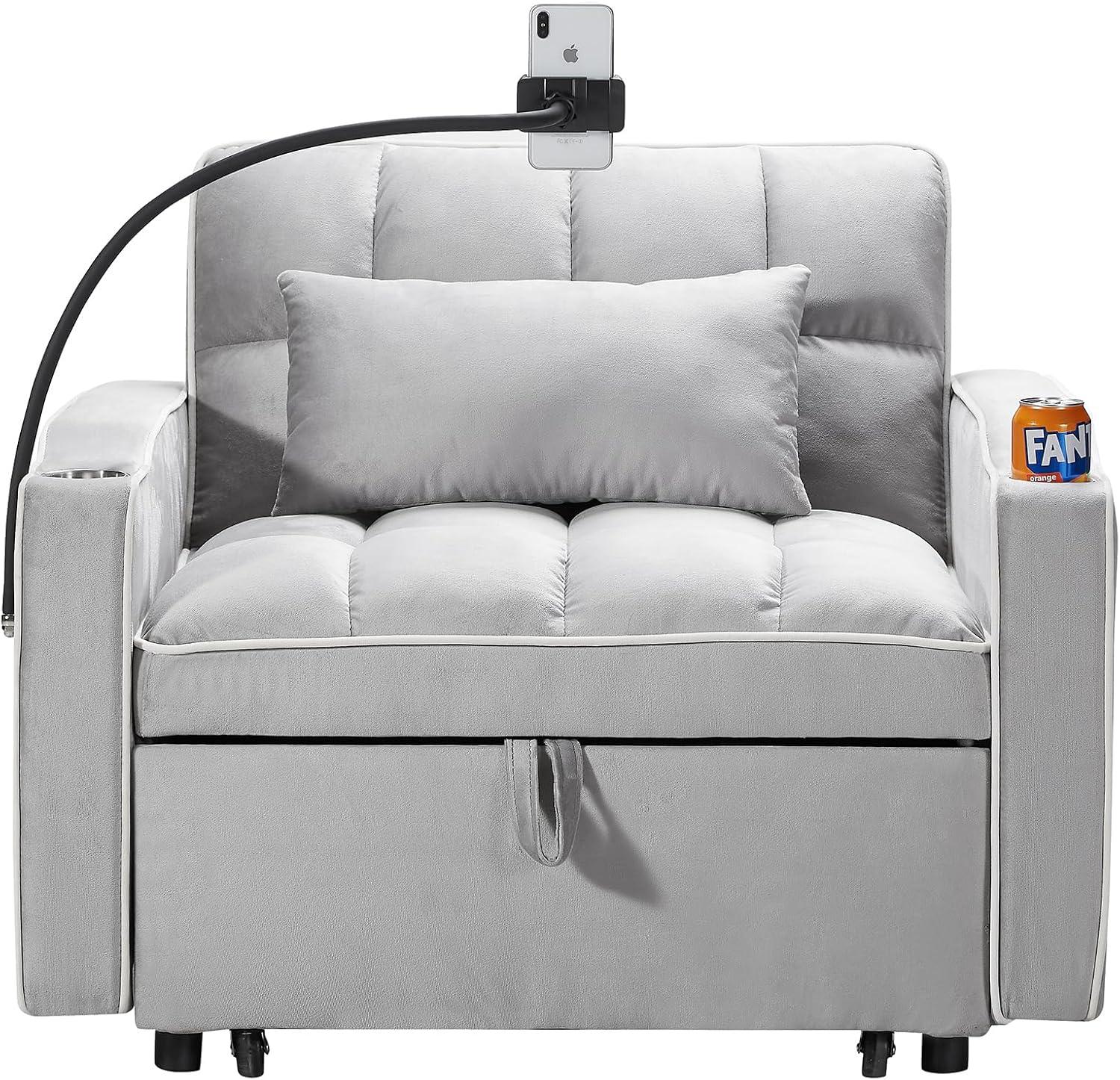 3 in 1 Convertible Sleeper Chair Bed with USB Ports, Cup Holder and Phone Stand, Velvet Pull Out Futon Sofa Beds, Adjustable Backrest Single Sofa Chair for Small Spaces, Living Room, Office (Gray)
