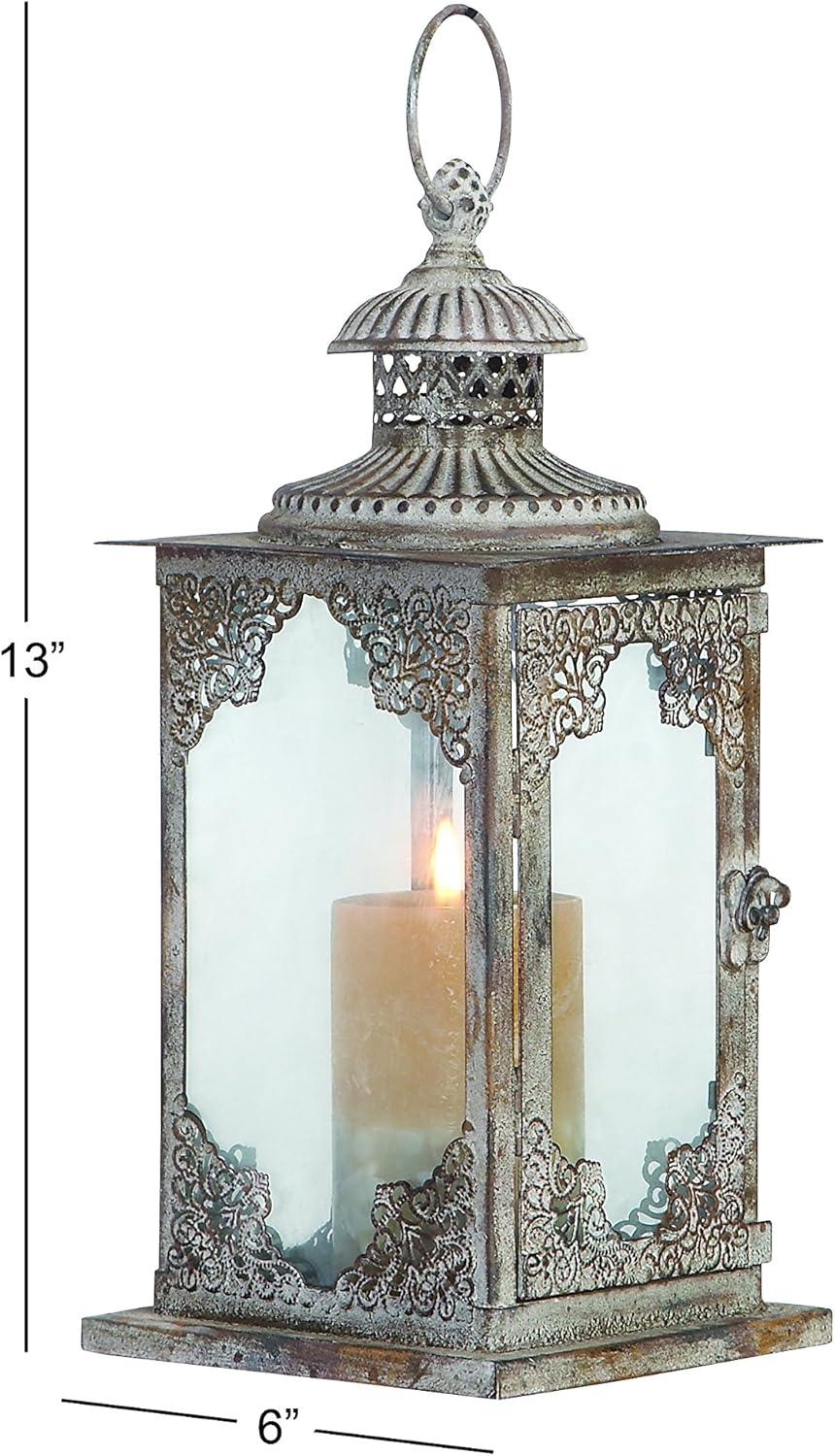 Elegant Tarnished Gray Iron and Glass Tabletop Lantern