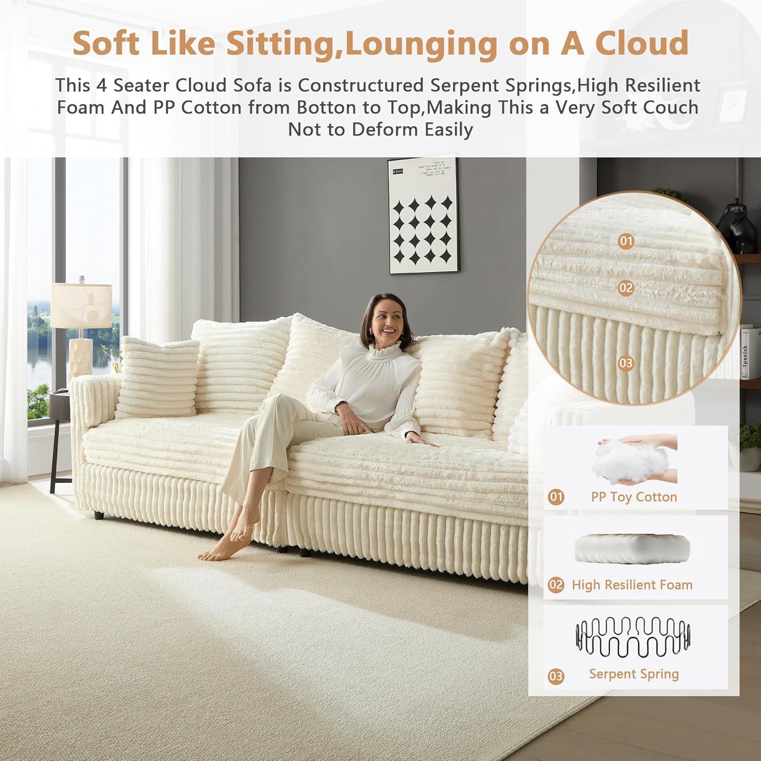 104.3'' Cloud Sectional Couch,Oversized Living Room Convertible Sofa, Plush Corduroy Sofa W/6 Soft Pillows,4-Seat Memory Foam Couches,Plush Couch for Living Room, Apartment (Beige)