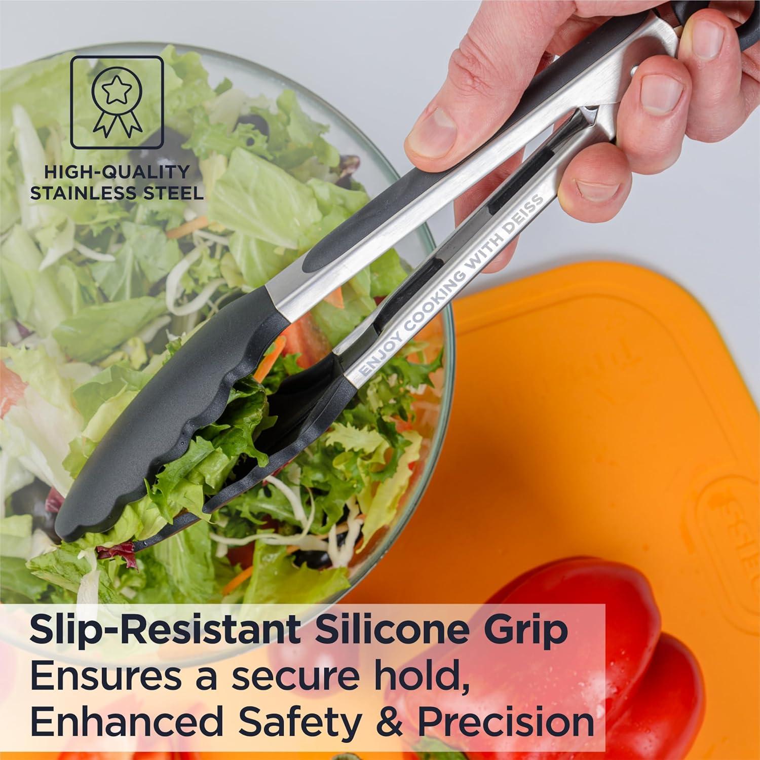 DEISS Deiss Pro 2-Piece Kitchen Tongs with Heat Resistant Silicone Tips for Cooking, BBQ - 9'' and 12'' (Set of 2)